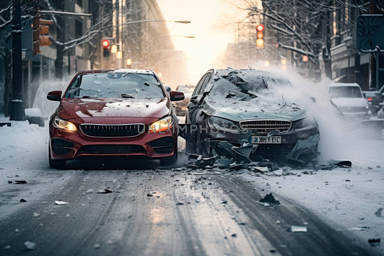 Collision of two cars on a street in winter. Symbolises the dangerous conditions in winter with ice, snow and snatch. Dangerous Winter Driving Hazards. AI generated