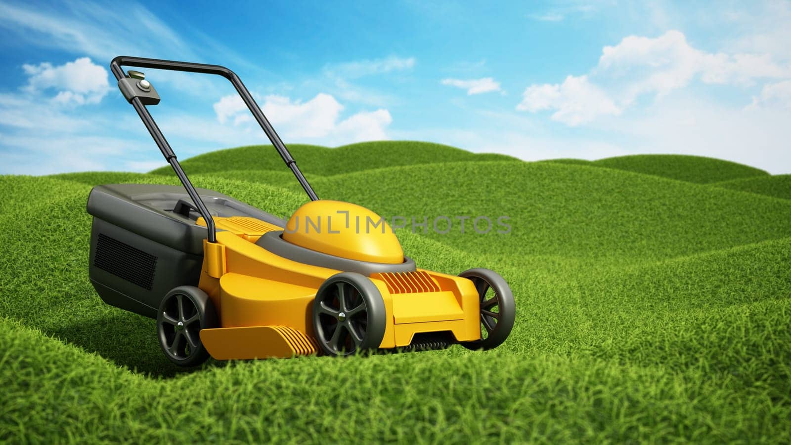 Generic lawnmover on green terrain covered with grass. 3D illustration.