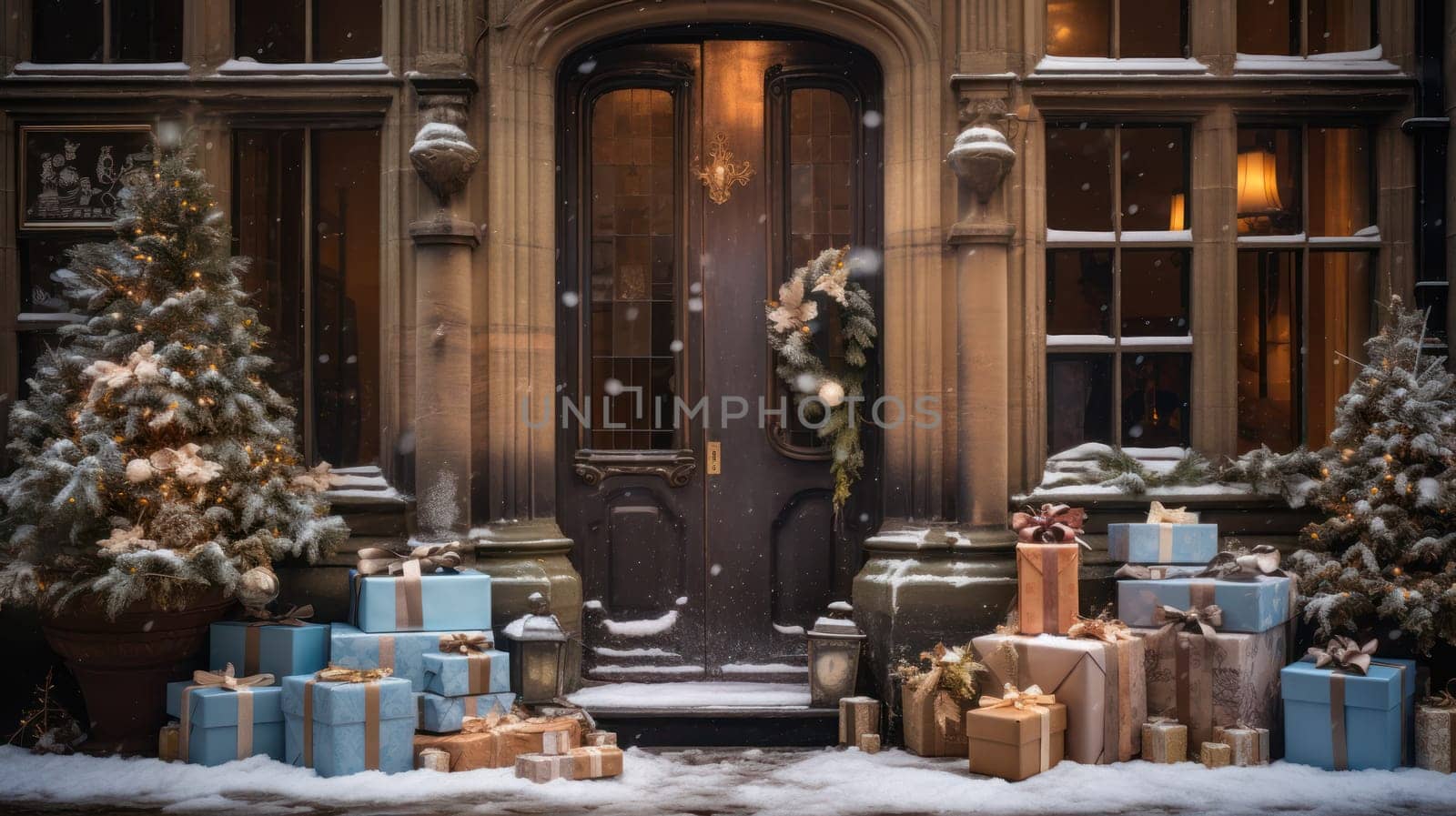Pile of Christmas gifts outdoors under the snow at the door of the house.