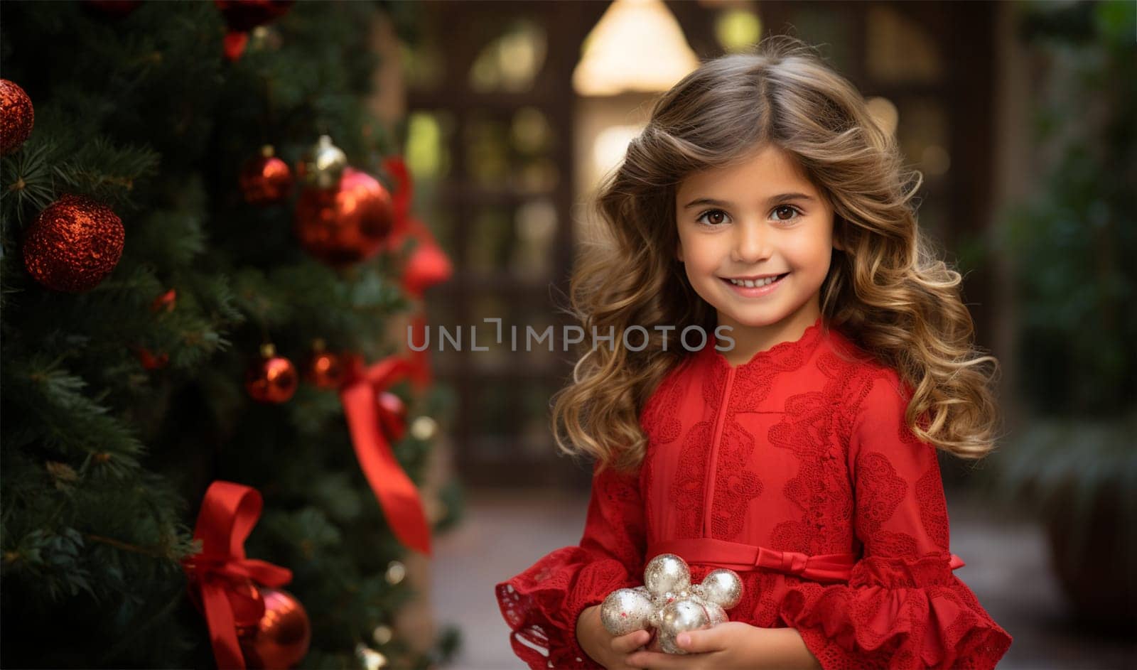 happy girl sitting under Christmas tree opening Christmas gifts.Christmas and love Christmas atmosphere