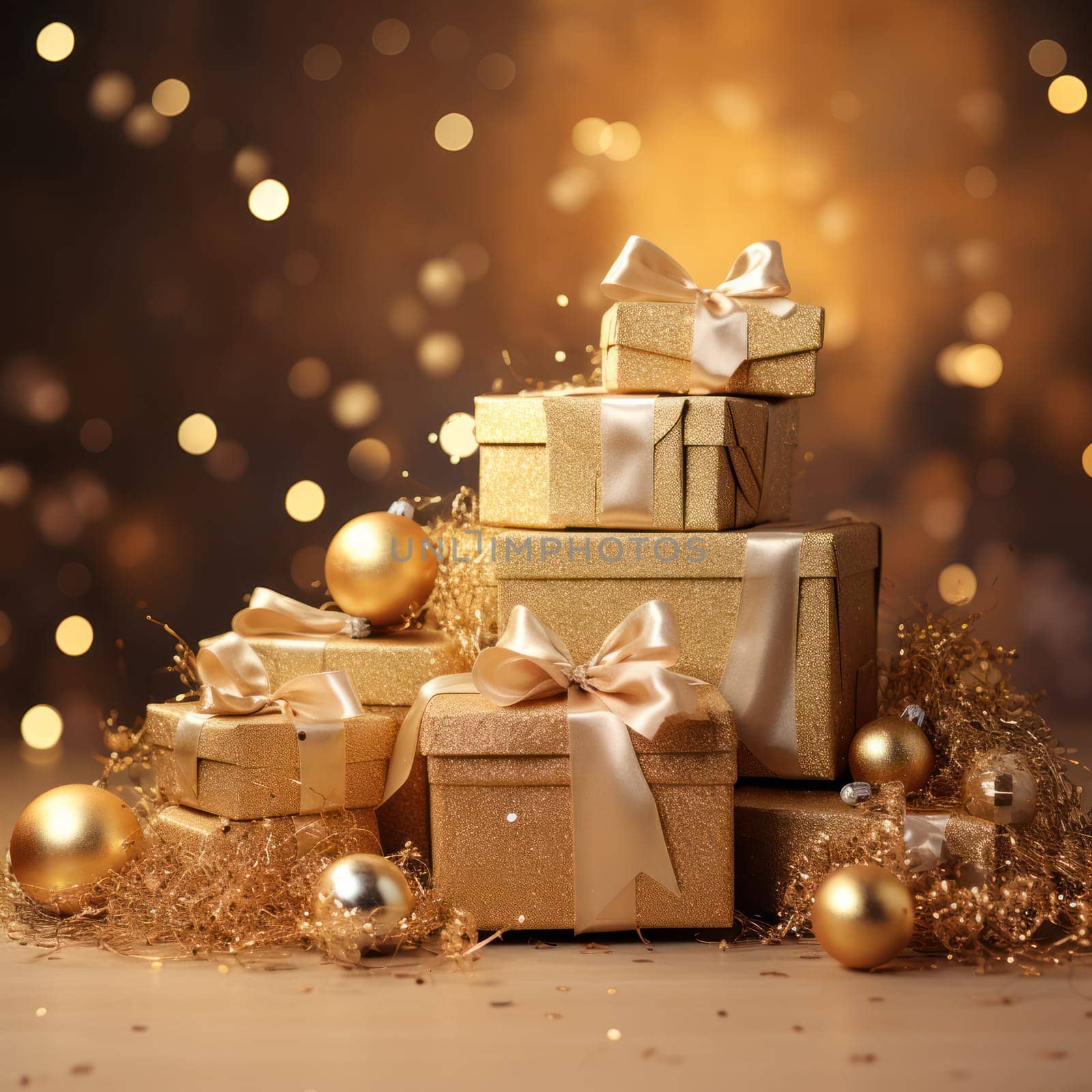 golden Christmas gift boxes with Christmas balls on blurred background of Christmas illumination