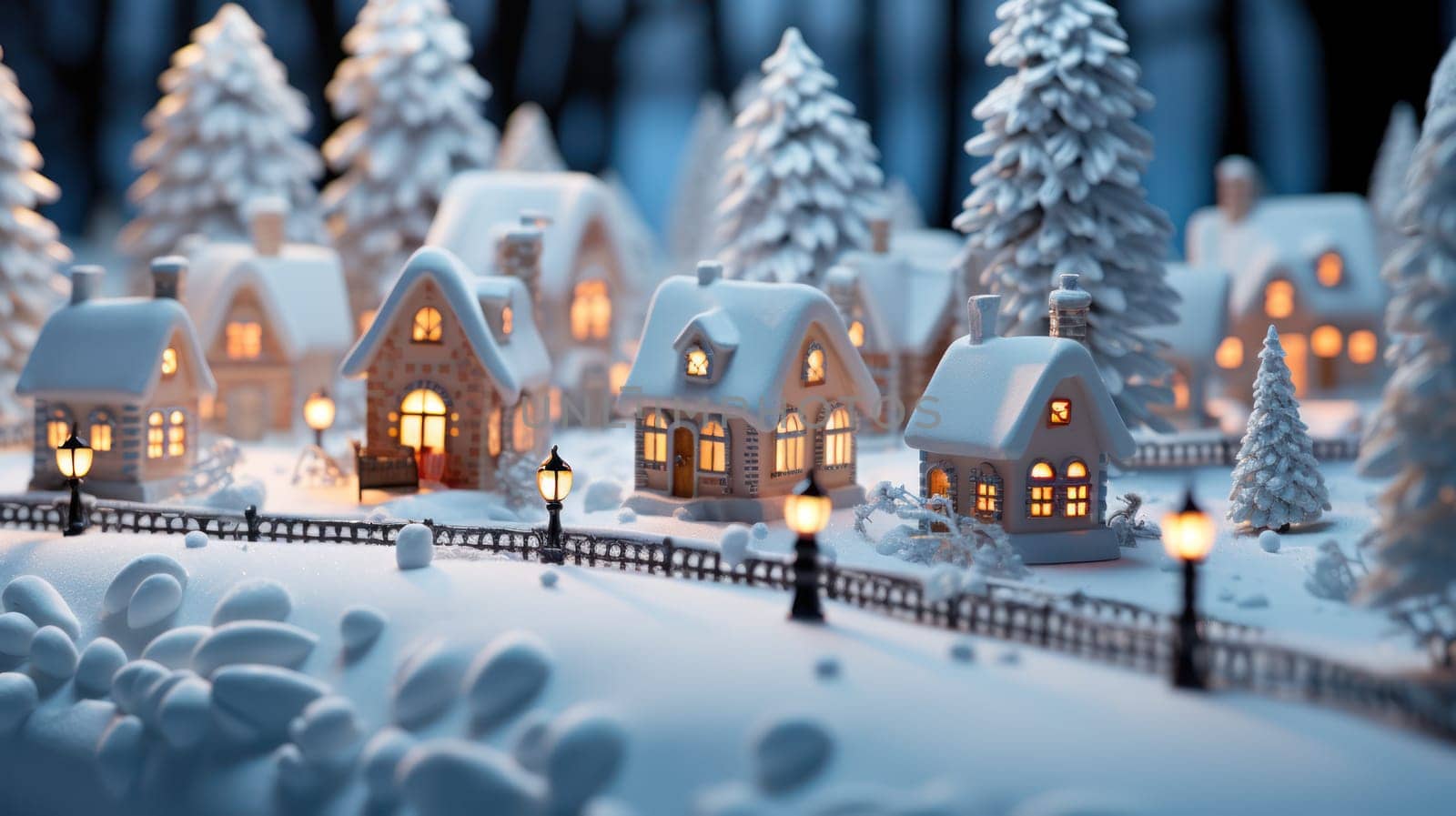 Christmas ceramic village with illuminated windows and snow on the background of illuminations and at night. Christmas design for home decoration