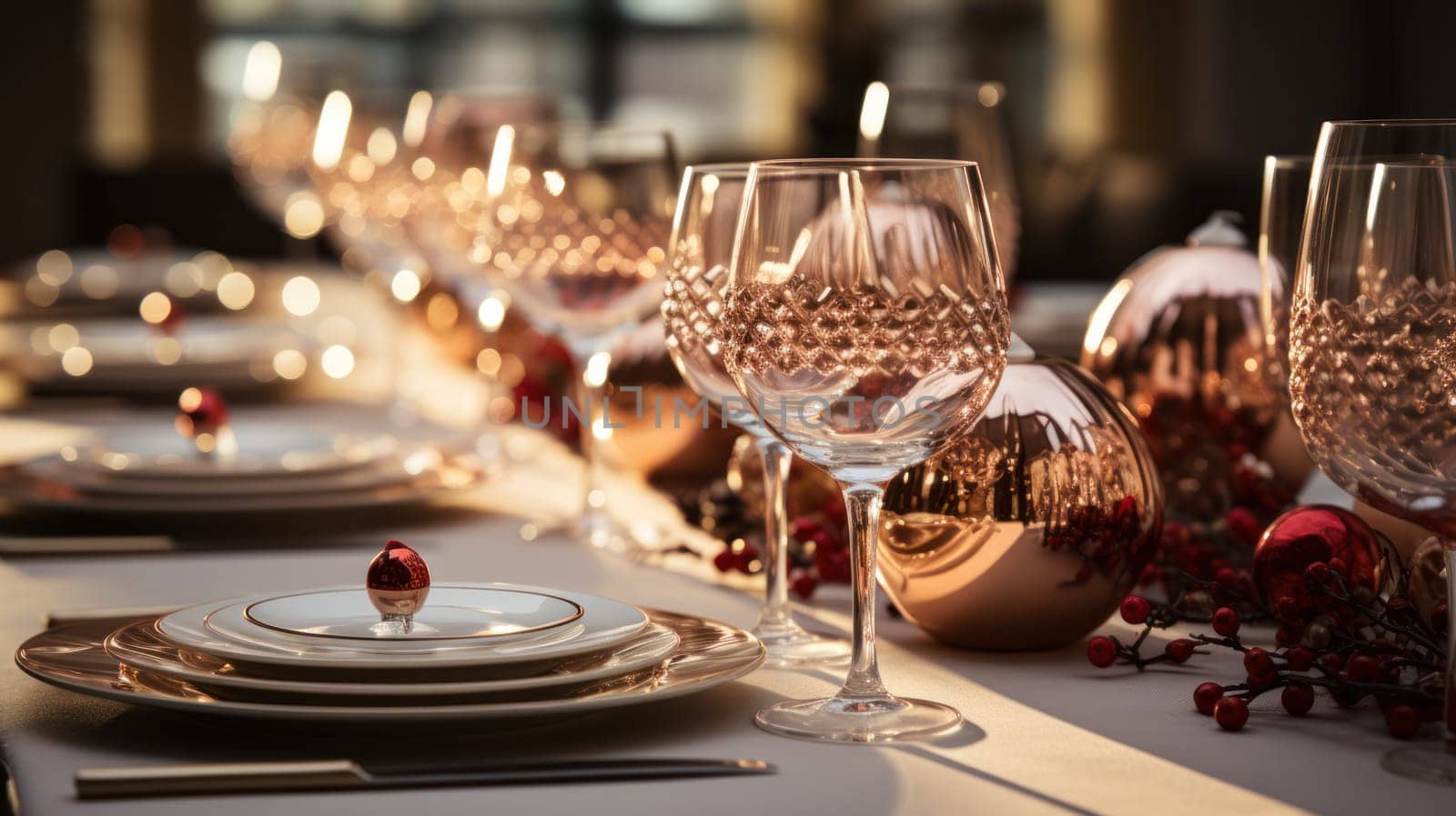 Details of the festive table decorated with candles and Christmas toys, decorated for the New Year and Christmas