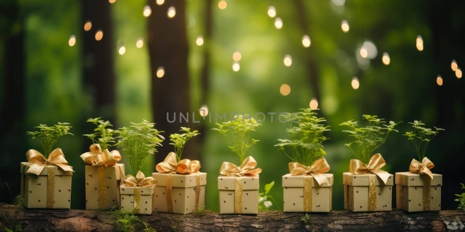 many beautiful gift boxes tied with ribbons and decorated with greenery stand in the forest. Design elements for a celebration, important event, wedding or Christmas.