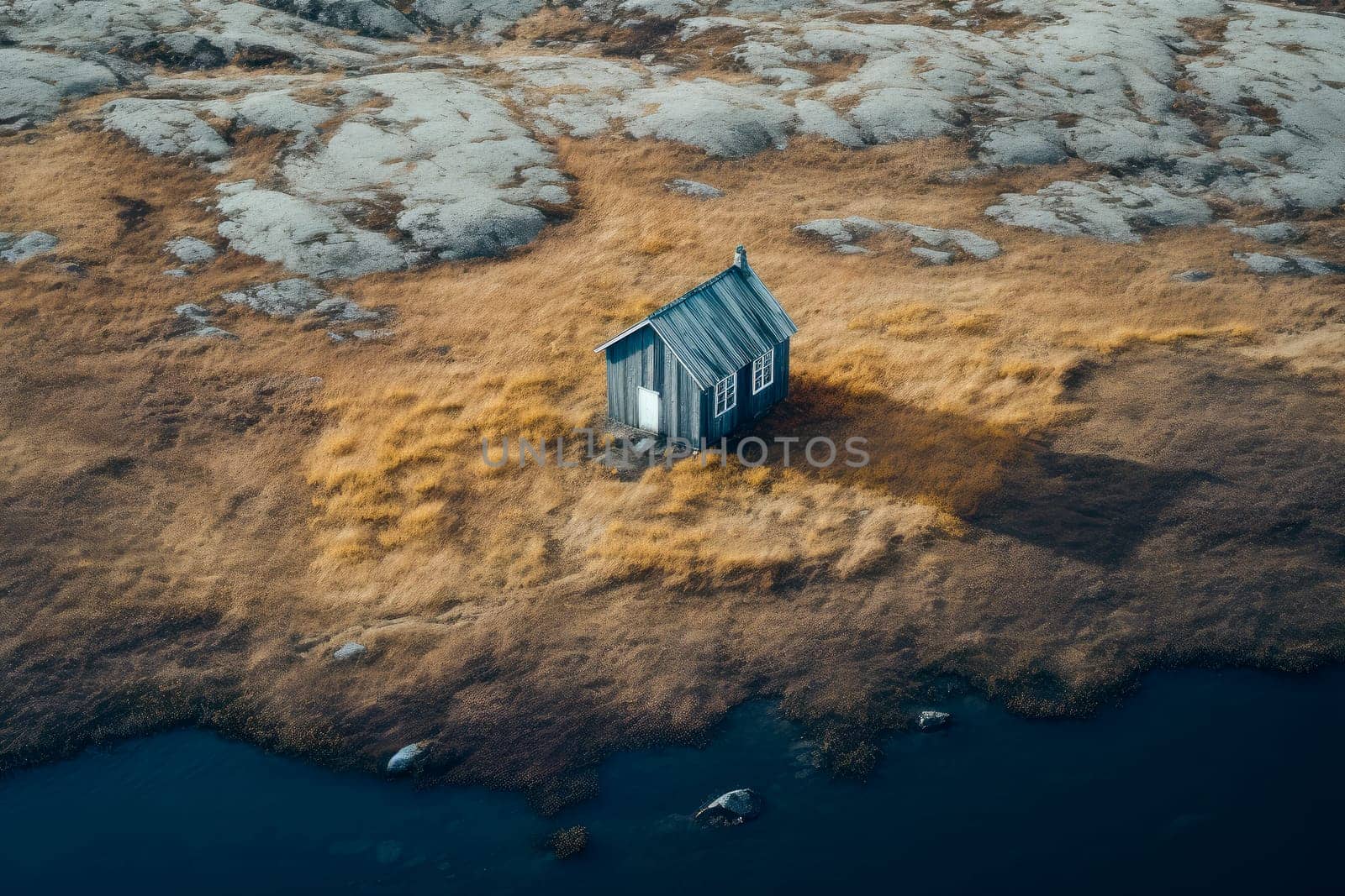 Aerial top view of small wooden cabin or hut in a wild nature. AI generated