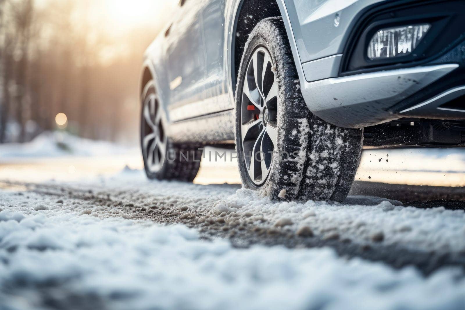 Closeup of car driving on the road covered with snow. Detail of car tires in winter. AI generated