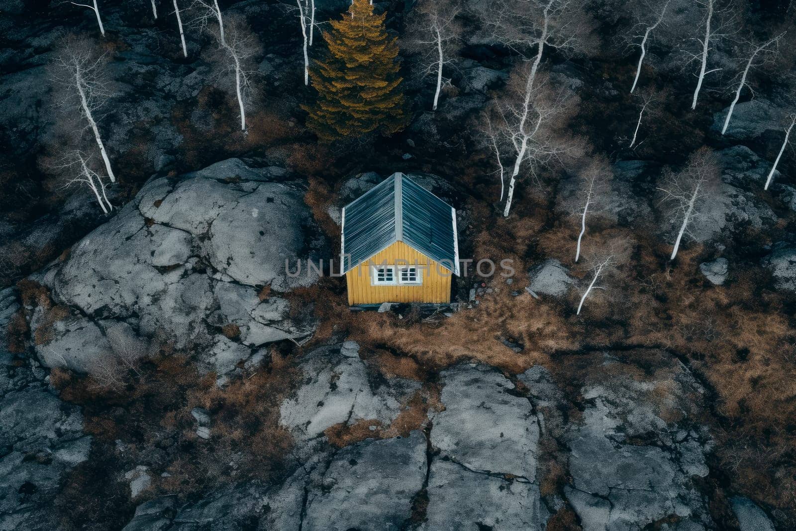 Aerial top view of small wooden cabin or hut in a wild nature. AI generated