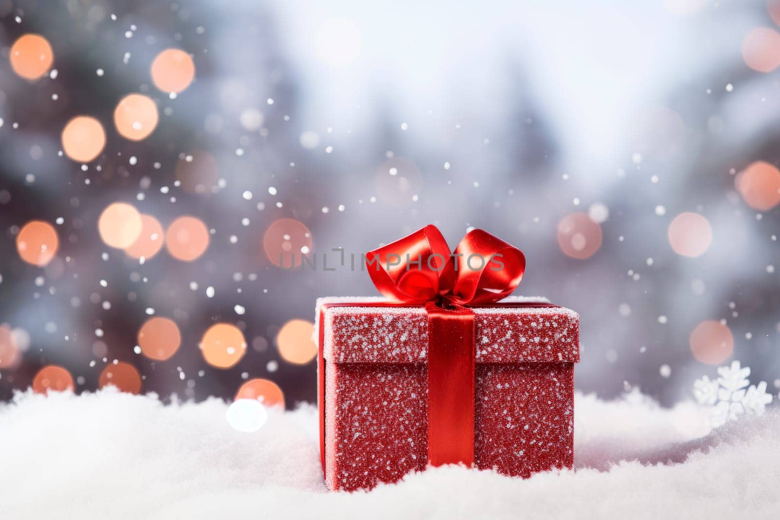 Red gift box on snow background,Christmas and New Year celebration. The concept of the delivery of gifts and greetings card happy New year. AI generated