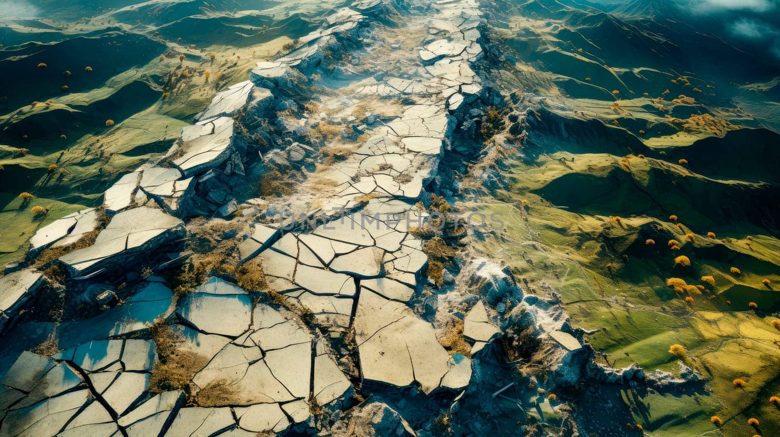 Aerial view of earthquake dividing land in two parts. Earthquake crack earth fault from seismic plate movement on a mountain range. Tectonic plate huge crack. AI generated