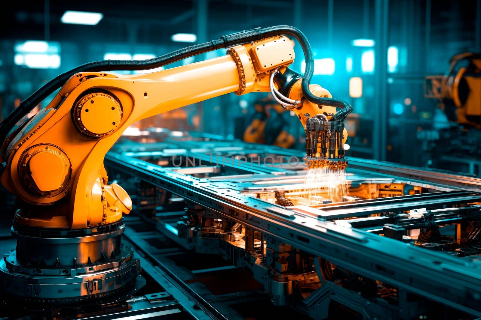 Yellow robotic arm on production line, modern industrial technology. Automation industry concept. AI generated
