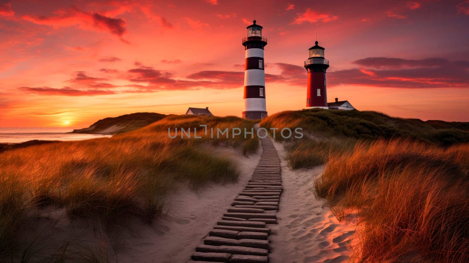 Extremely beautiful natural landscape with pathway leading through the dunes towards two lighthouses. Two lighthouses on a sand dunes in evening sunlight. AI generated