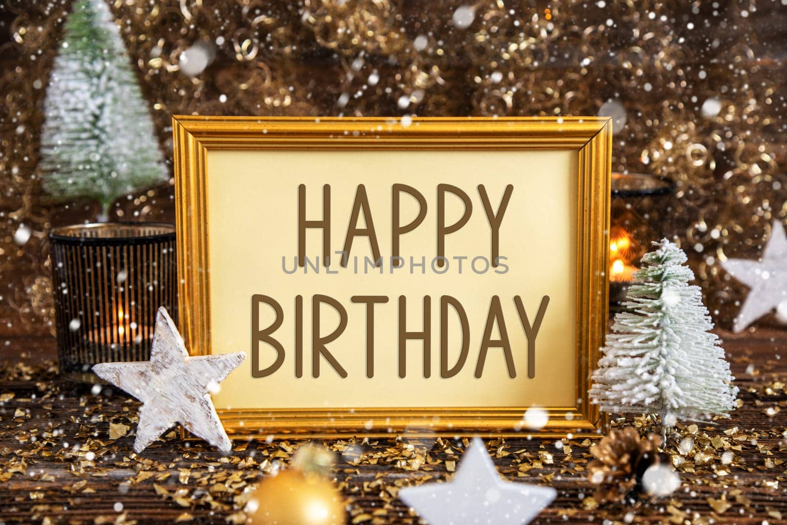 A Golden Frame With Text Happy Birthday, Golden, Glittering, Shining Winter Decor, Christmas Background