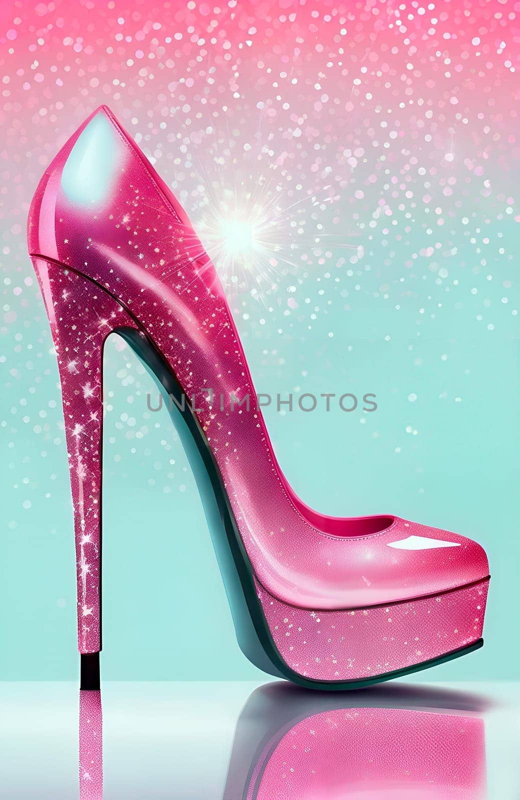 Sparkling high heel shoe on a pink and blue background. 3d render illustration. Glamour and fashion concept. Barbie Style. AI generated