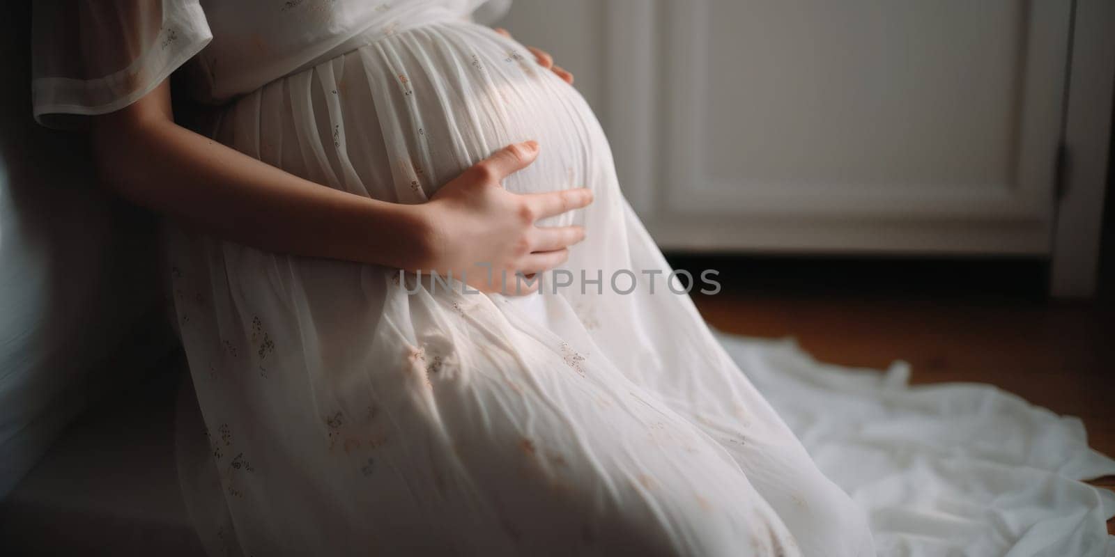 A pregnant woman in a white dress holds her hands on her stomach. The concept of pregnancy, motherhood, preparation and expectation. Beautiful photo of tender mood during pregnancy. Generative AI