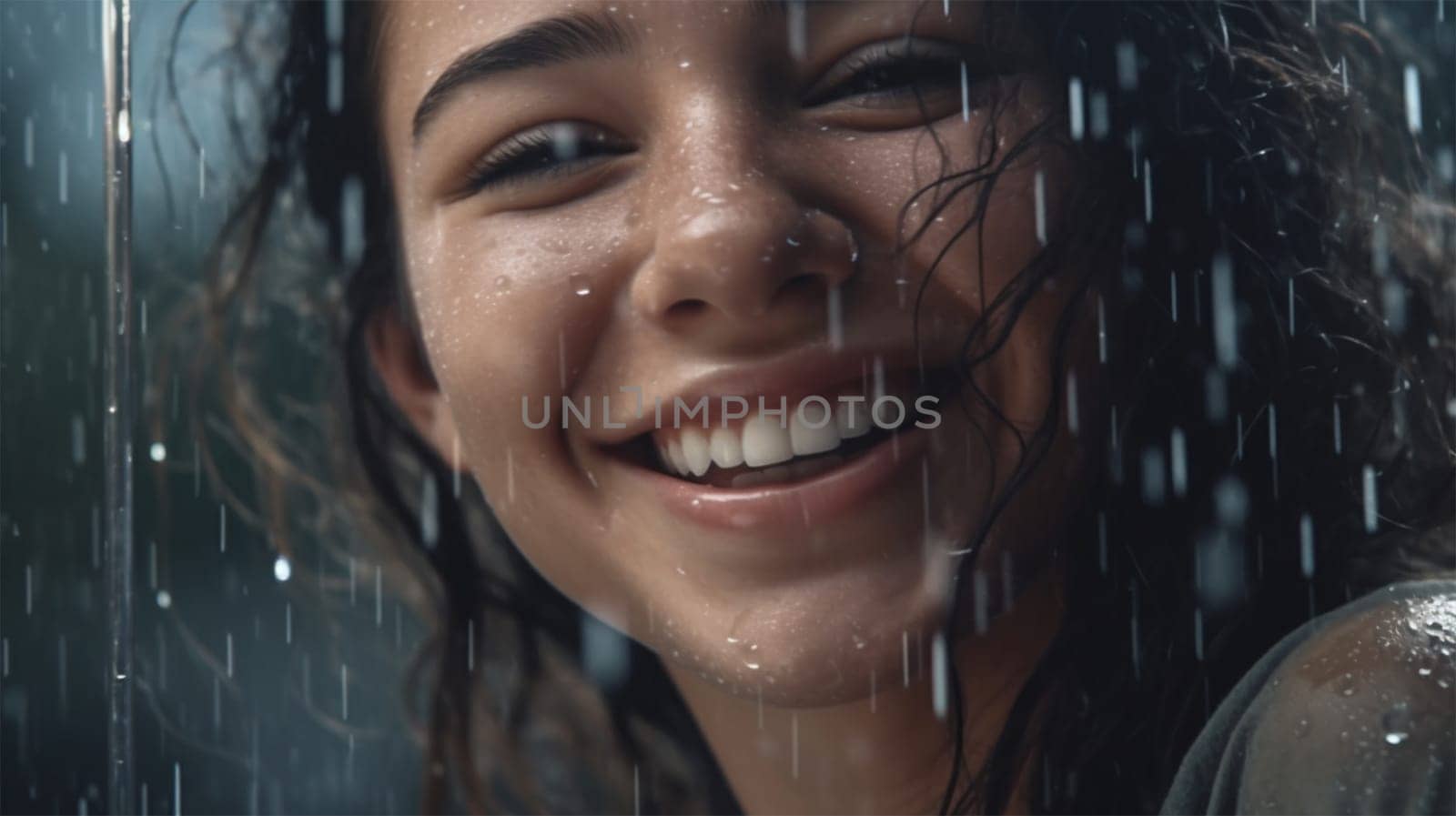Image of a positive young woman smiling while raining. Cheerful woman enjoying the rain outdoors. emotions.Generative AI