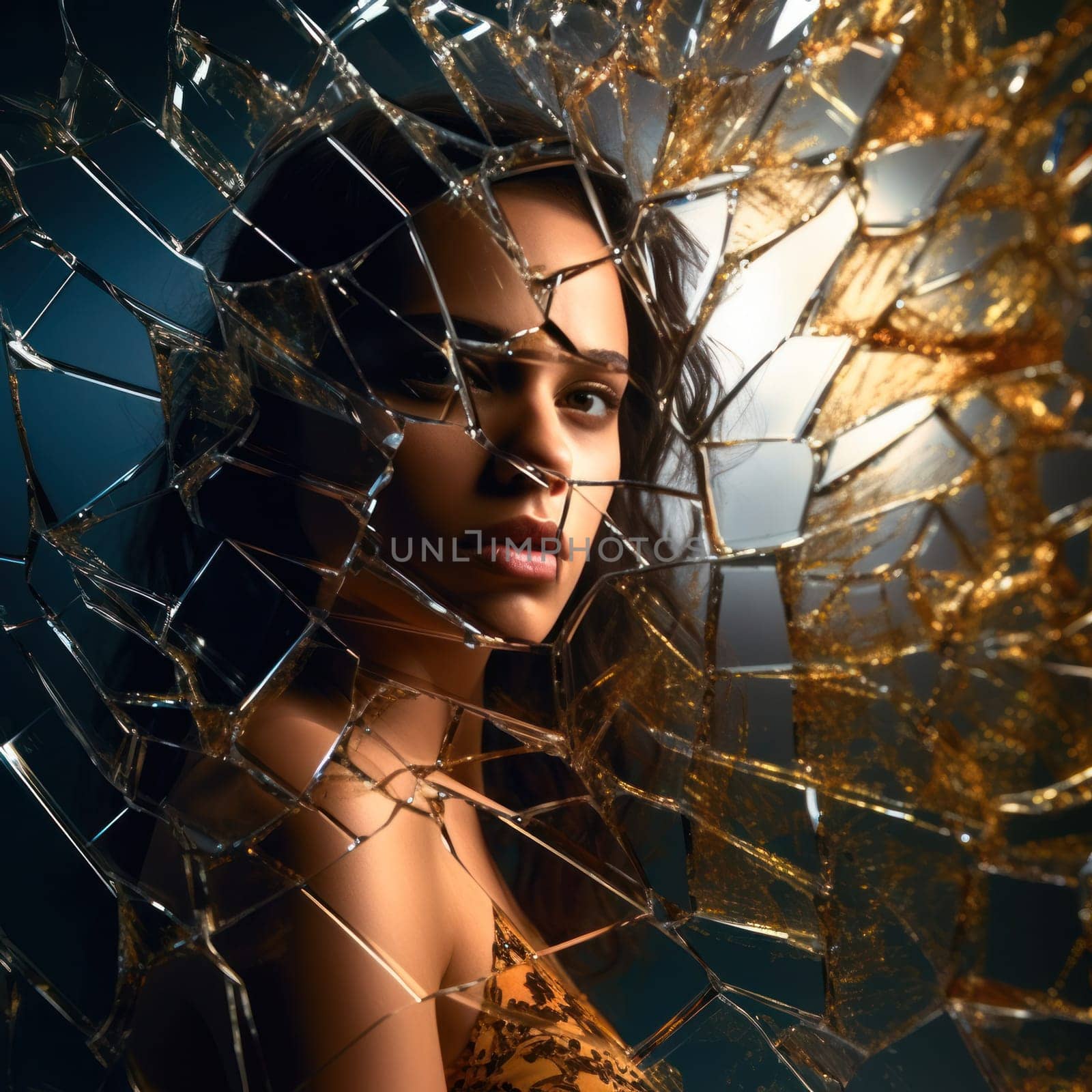 reflection of a young woman in a cracked broken mirror. concept of loneliness and broken feelings.Generative AI