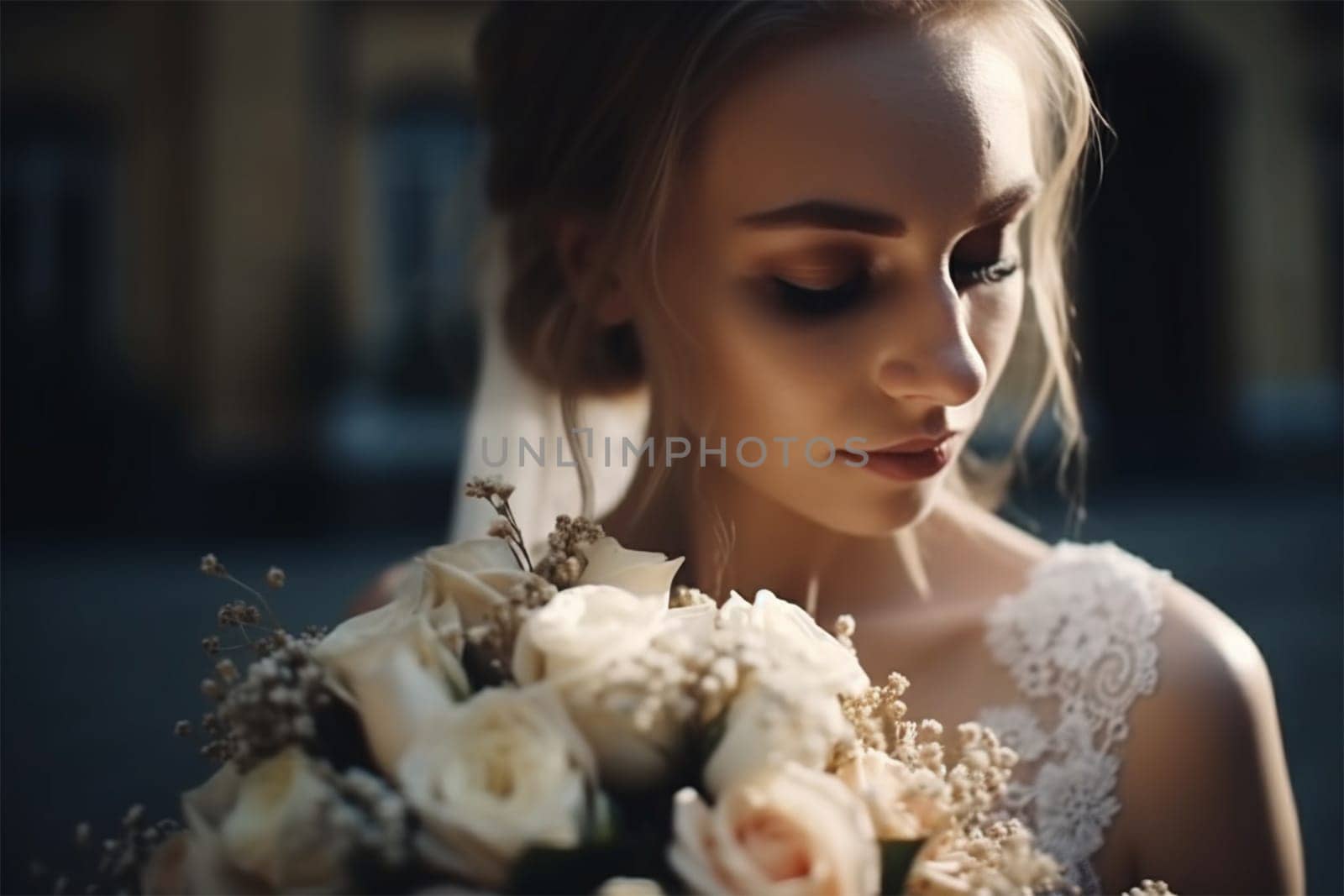 plan of a pensive bride with a bouquet before the wedding ceremony. Generative AI