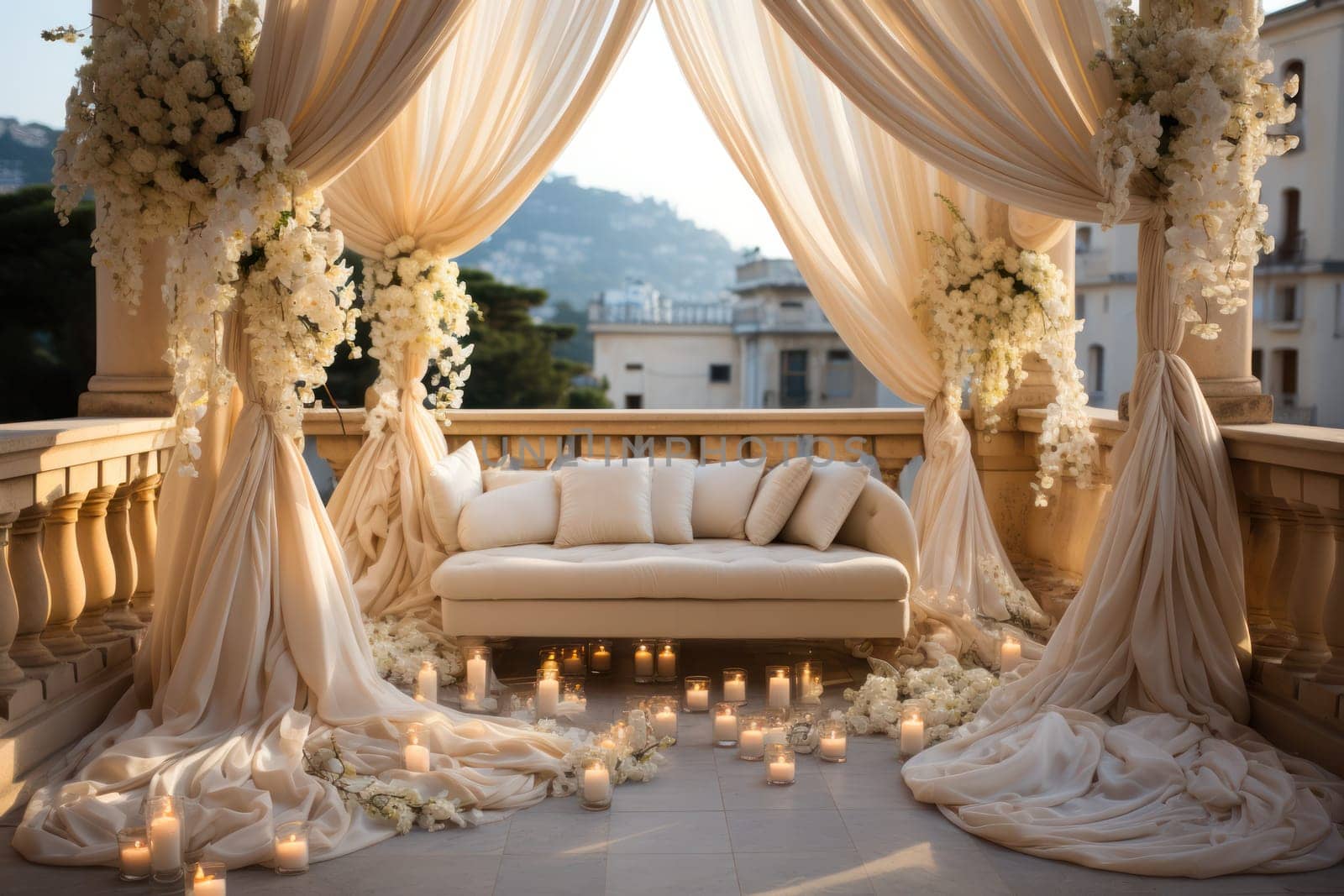 elements of drapery and accessories for decorating a wedding celebration.