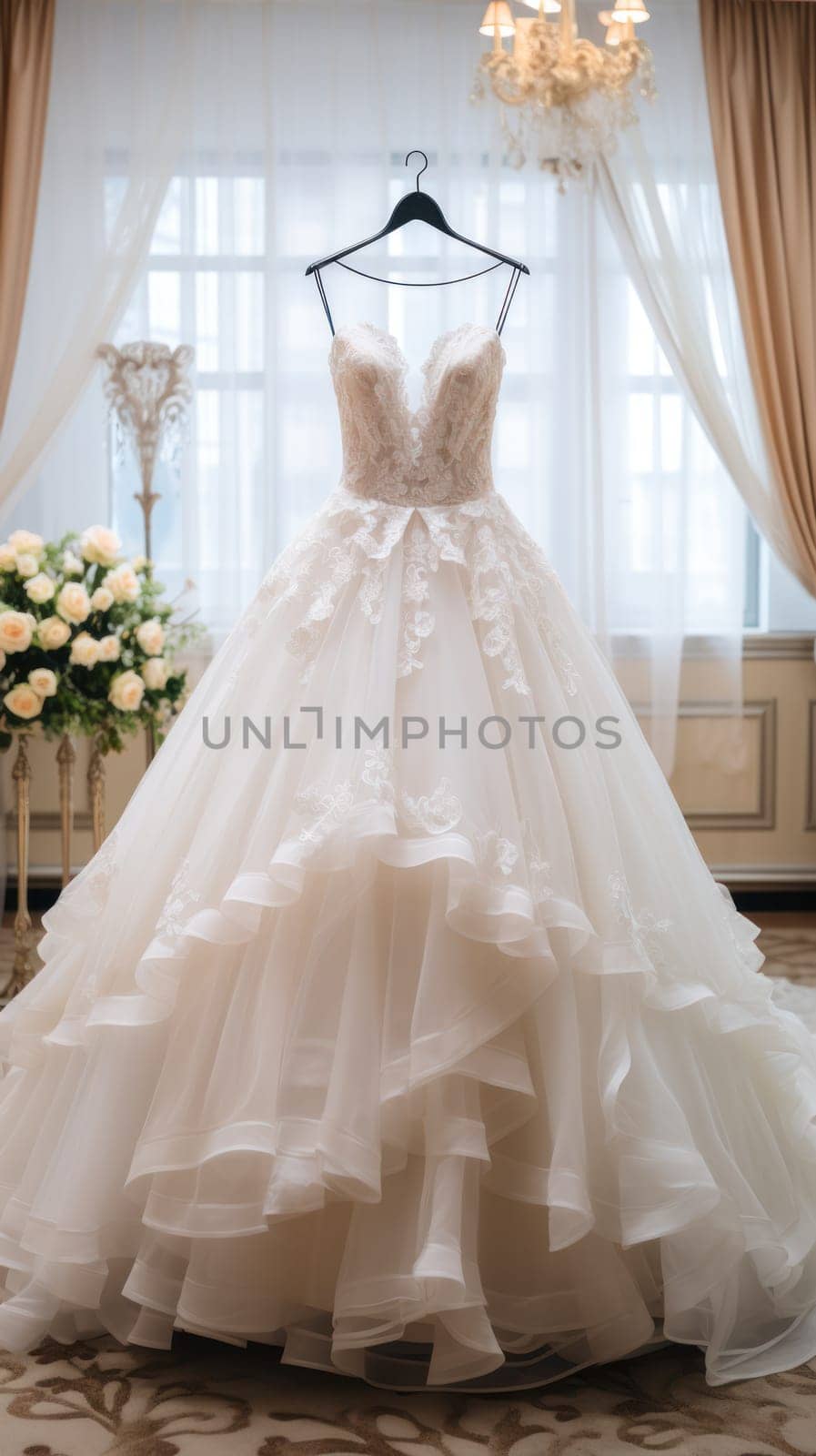 Wedding dress with lace and tulle, wedding dress in a large room, on the eve of the wedding.