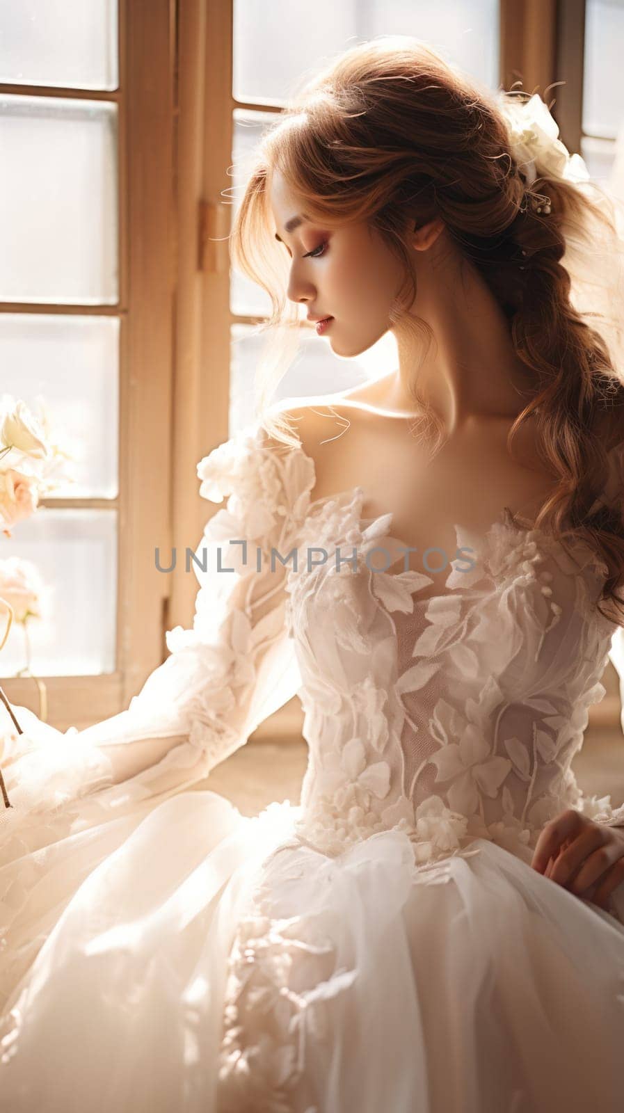bride in a wedding dress with lace and tulle on the eve of the wedding.close-up