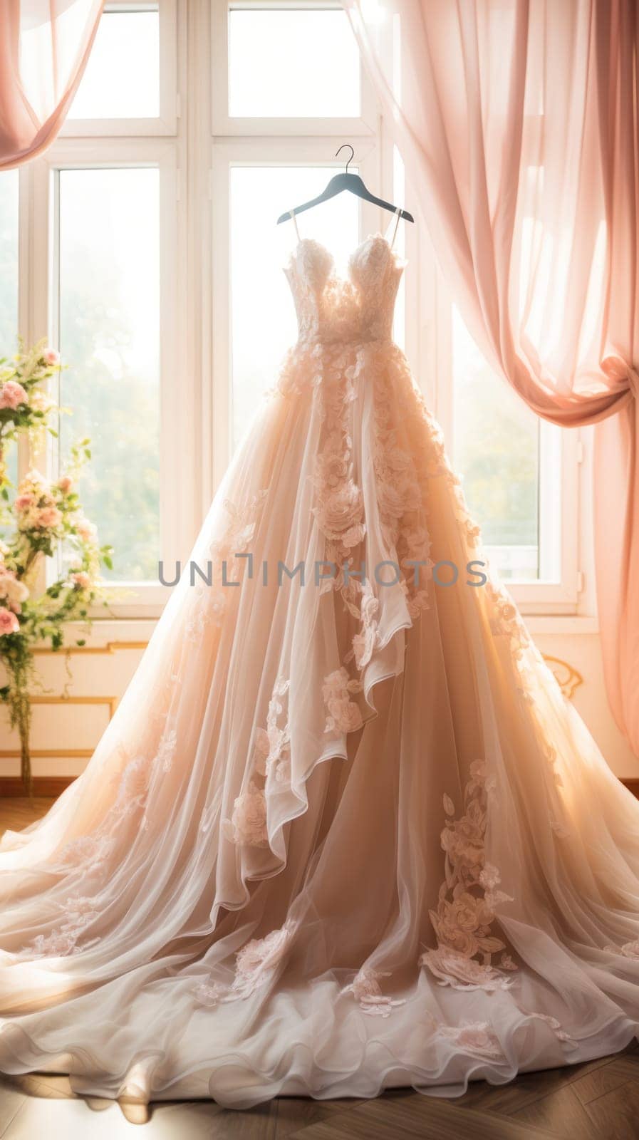 Wedding dress with lace and tulle, wedding dress in a large room, on the eve of the wedding.