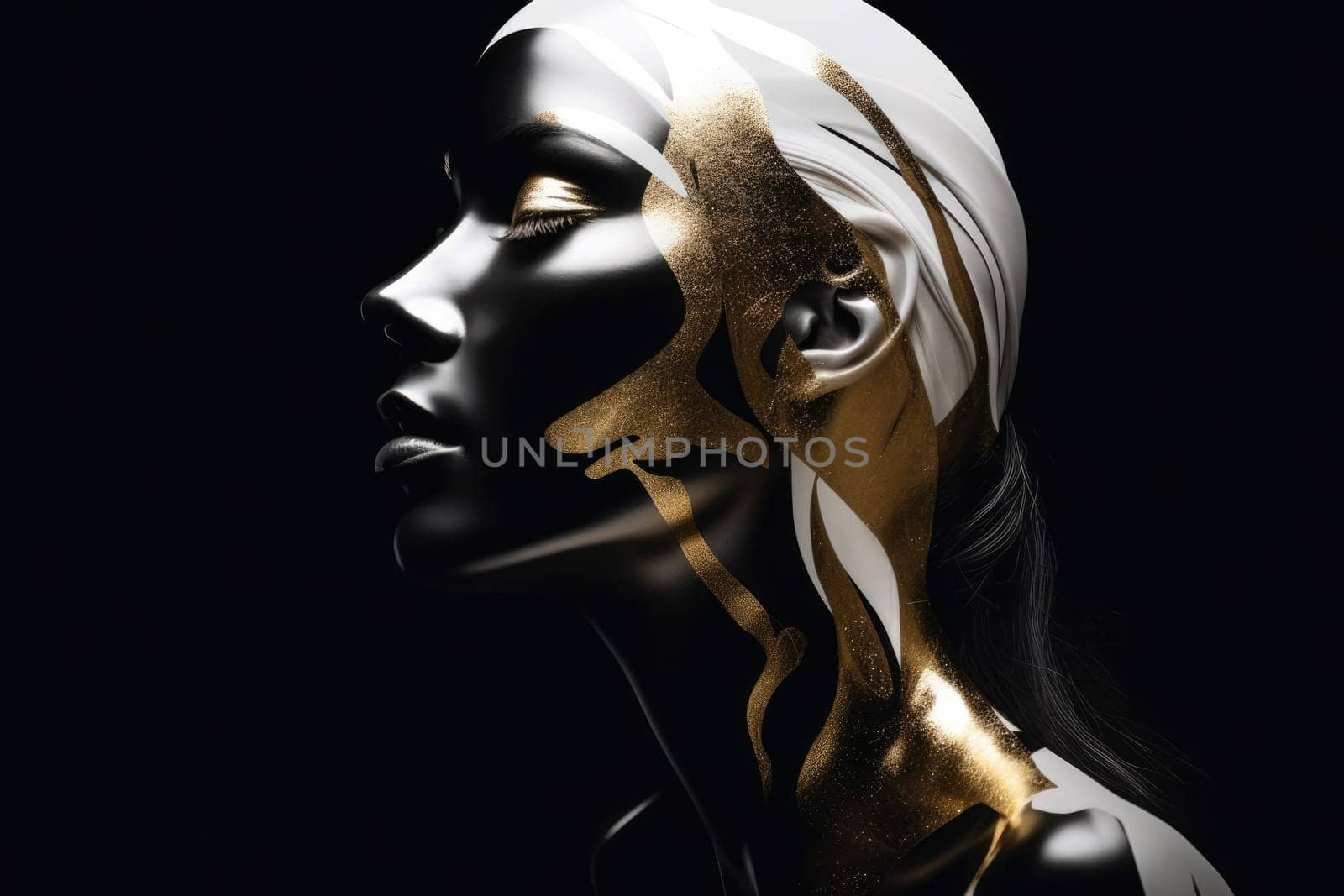 Abstract illustration of a gold, white and black marble bust of a female sculpture isolated on a black background.