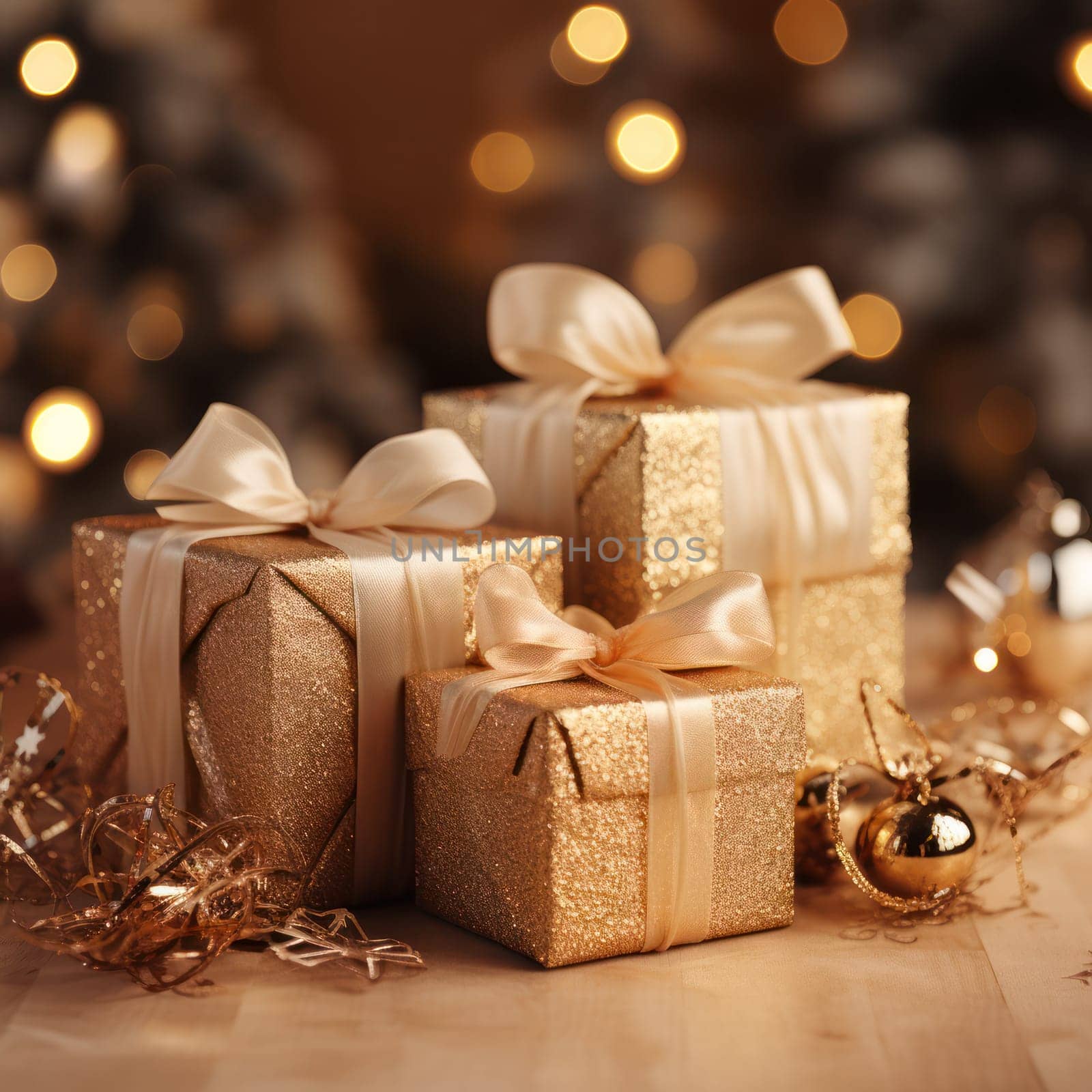 golden Christmas gift boxes with Christmas balls on blurred background of Christmas illumination