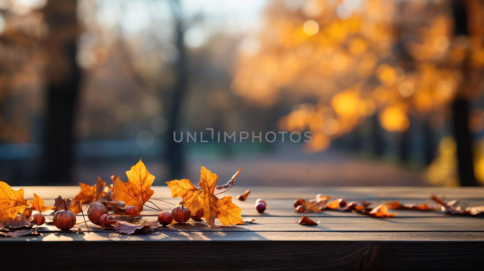 autumn yellow leaves on a wooden table against the background of a blurred image of an autumn landscape on a sunny day