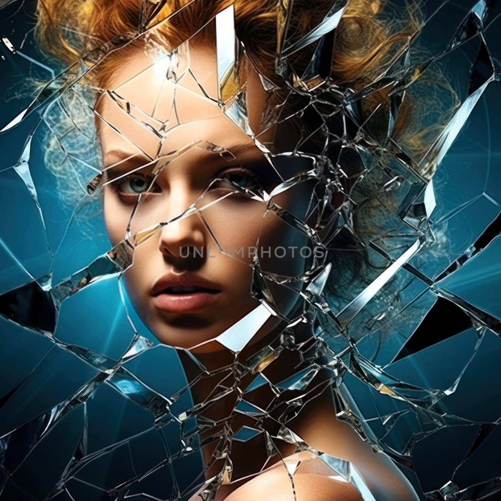 reflection of a young woman in a cracked broken mirror. concept of loneliness and broken feelings.Generative AI