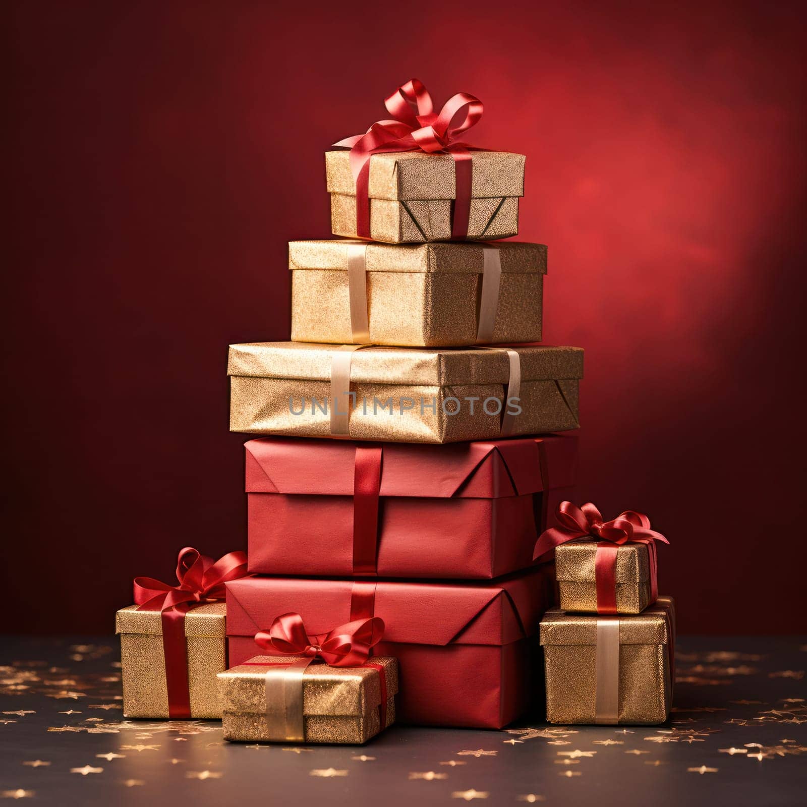 gold and red Christmas gift boxes with ribbon with Christmas balls on a red background.