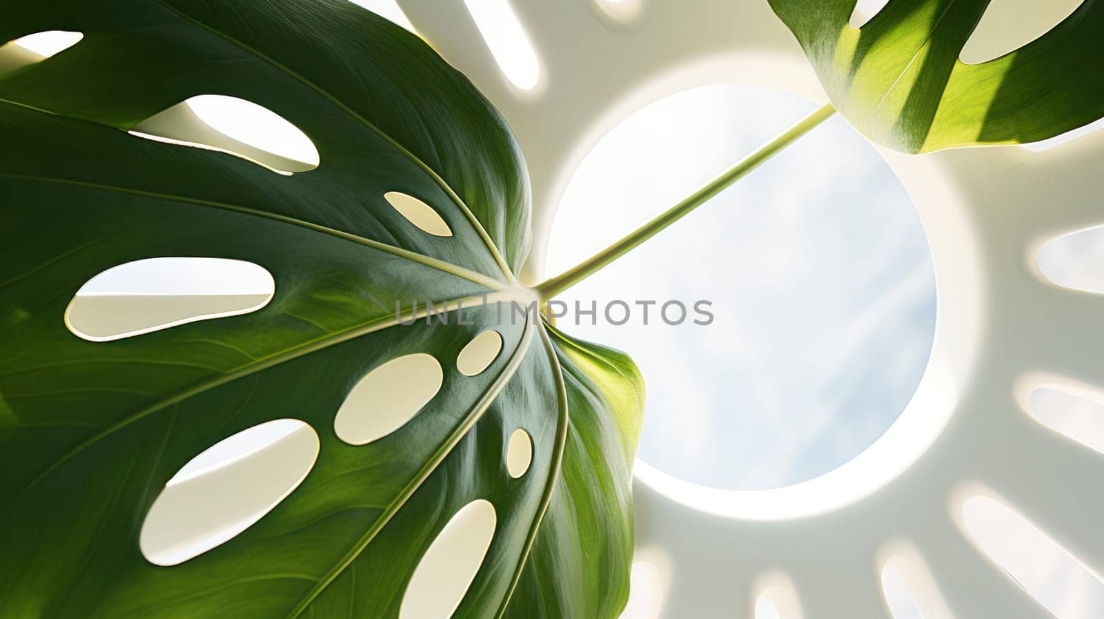 green monstera leaf on a light background with a graphic shadow. smooth lines and texture. harmony and grace.
