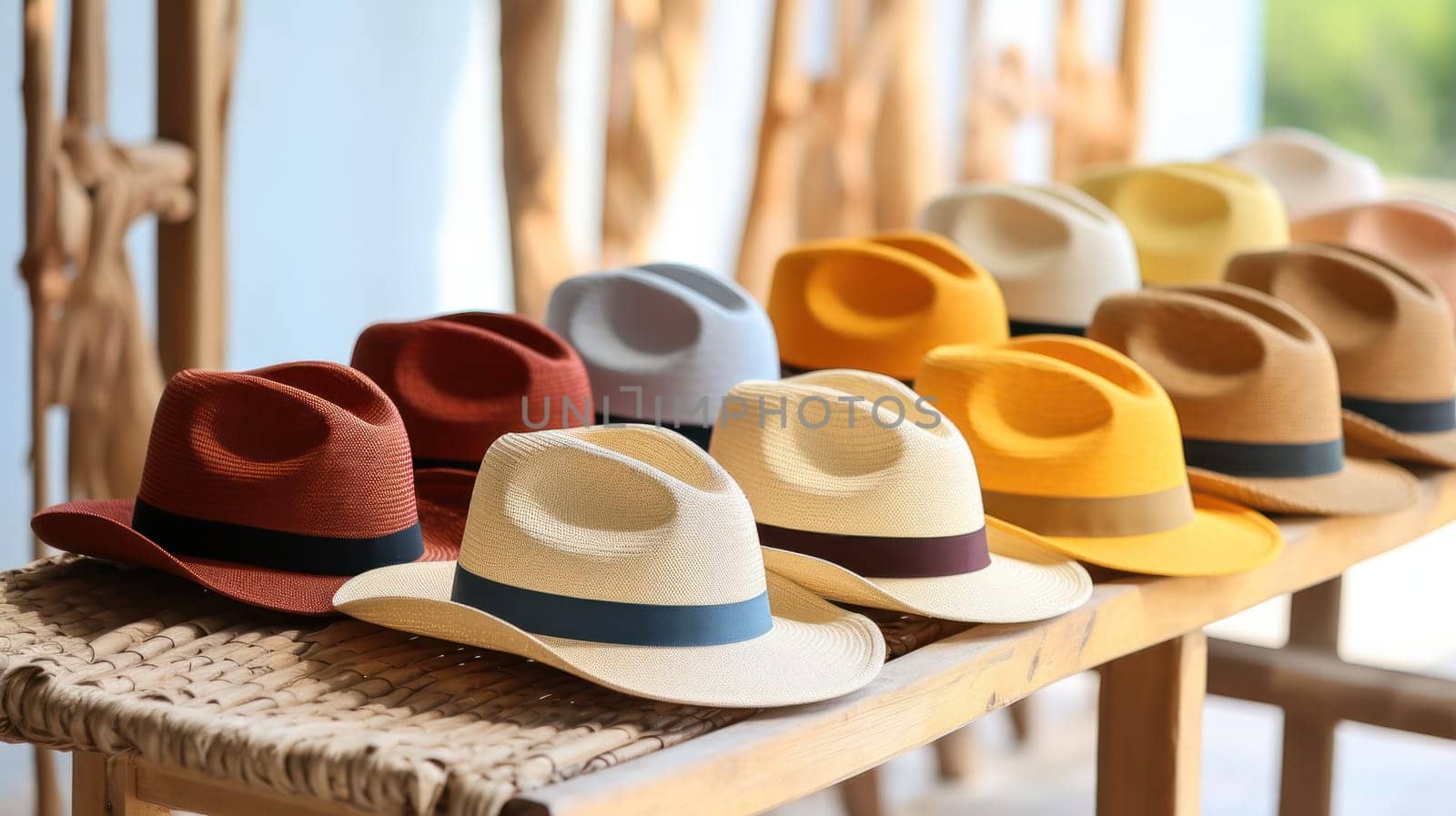Hats in a store are stacked in rows for display.