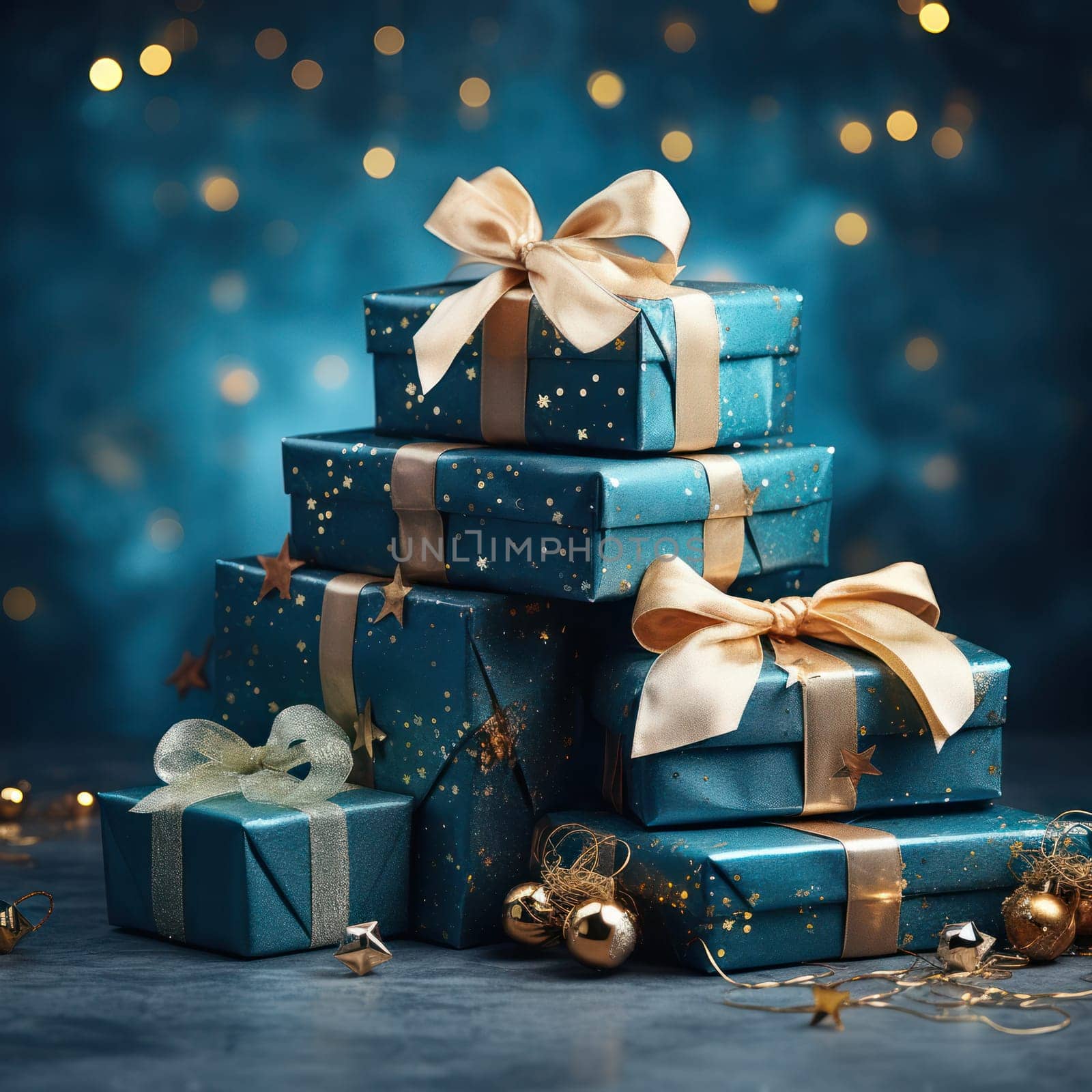 blue Christmas gift boxes with ribbon with Christmas balls on blurred background of Christmas illumination.