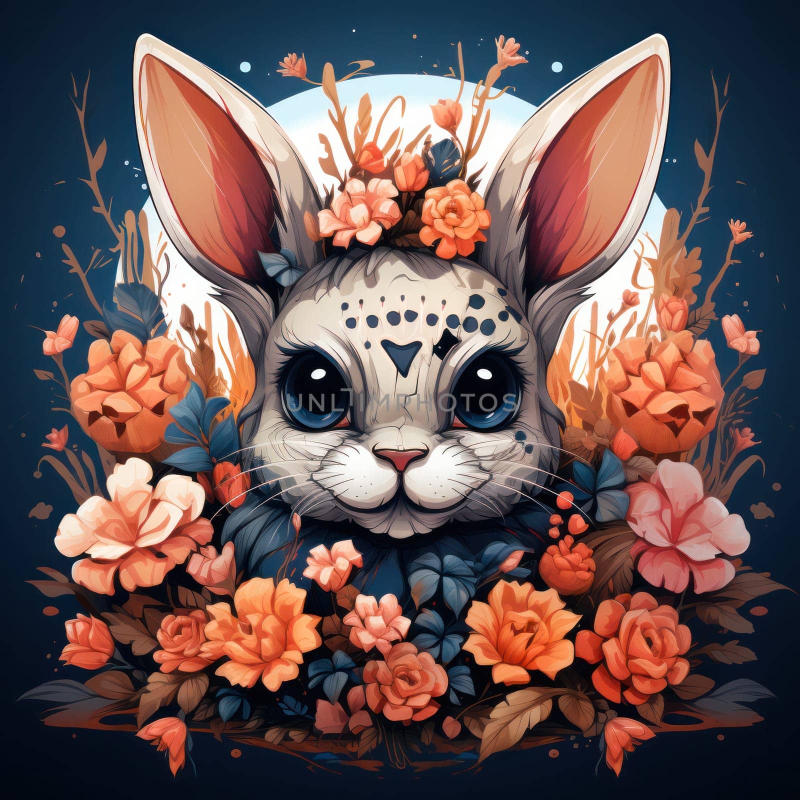 colorful bunny head with fancy pattern Day of the Dead, Dia de los muertos on black background.drawing on a t-shirt