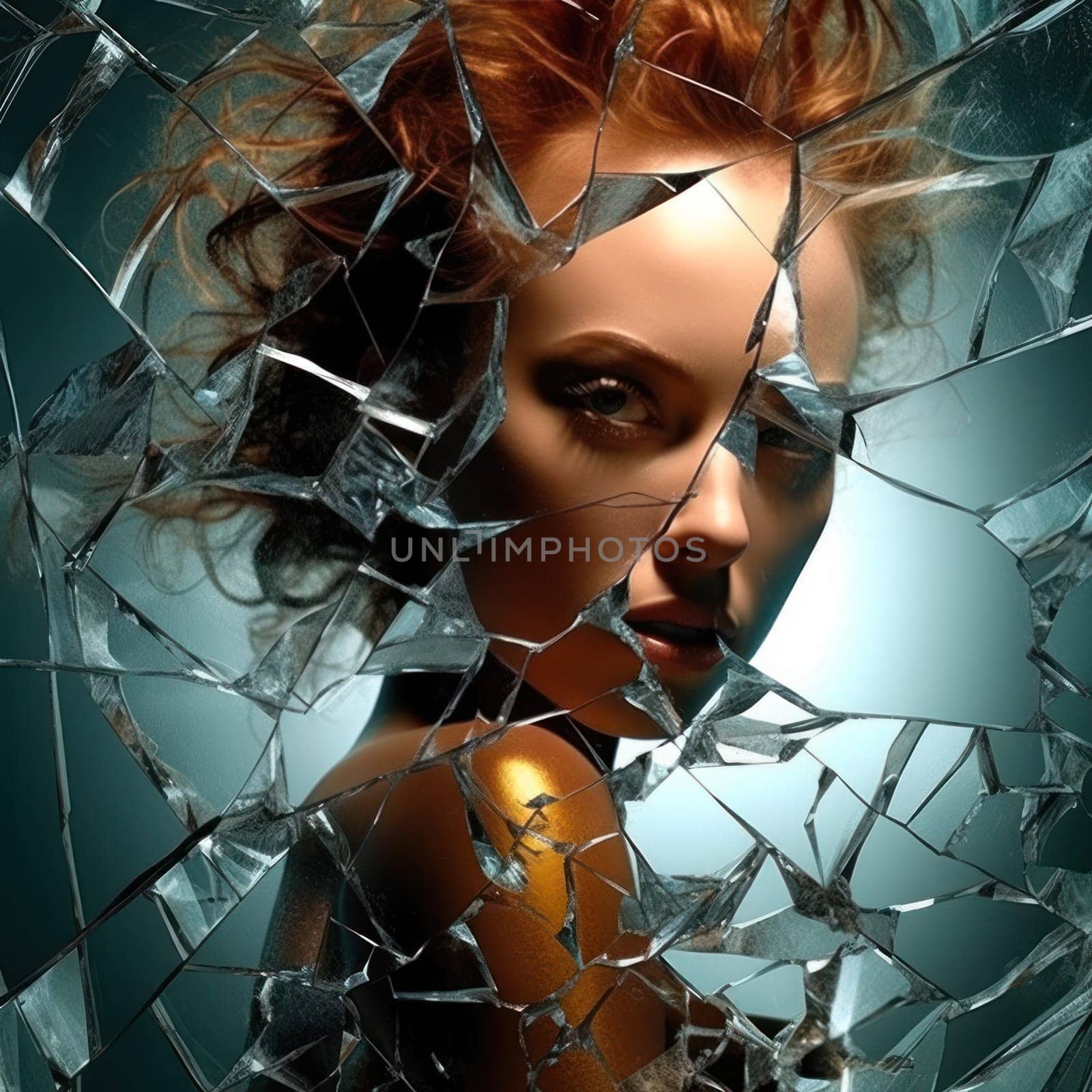 reflection of a young woman in a cracked broken mirror. concept of loneliness and broken feelings.Generative AI