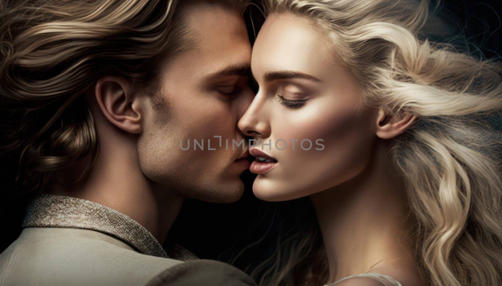 close-up portrait of young stylish beautiful couple man and woman in close head position.almost kiss.