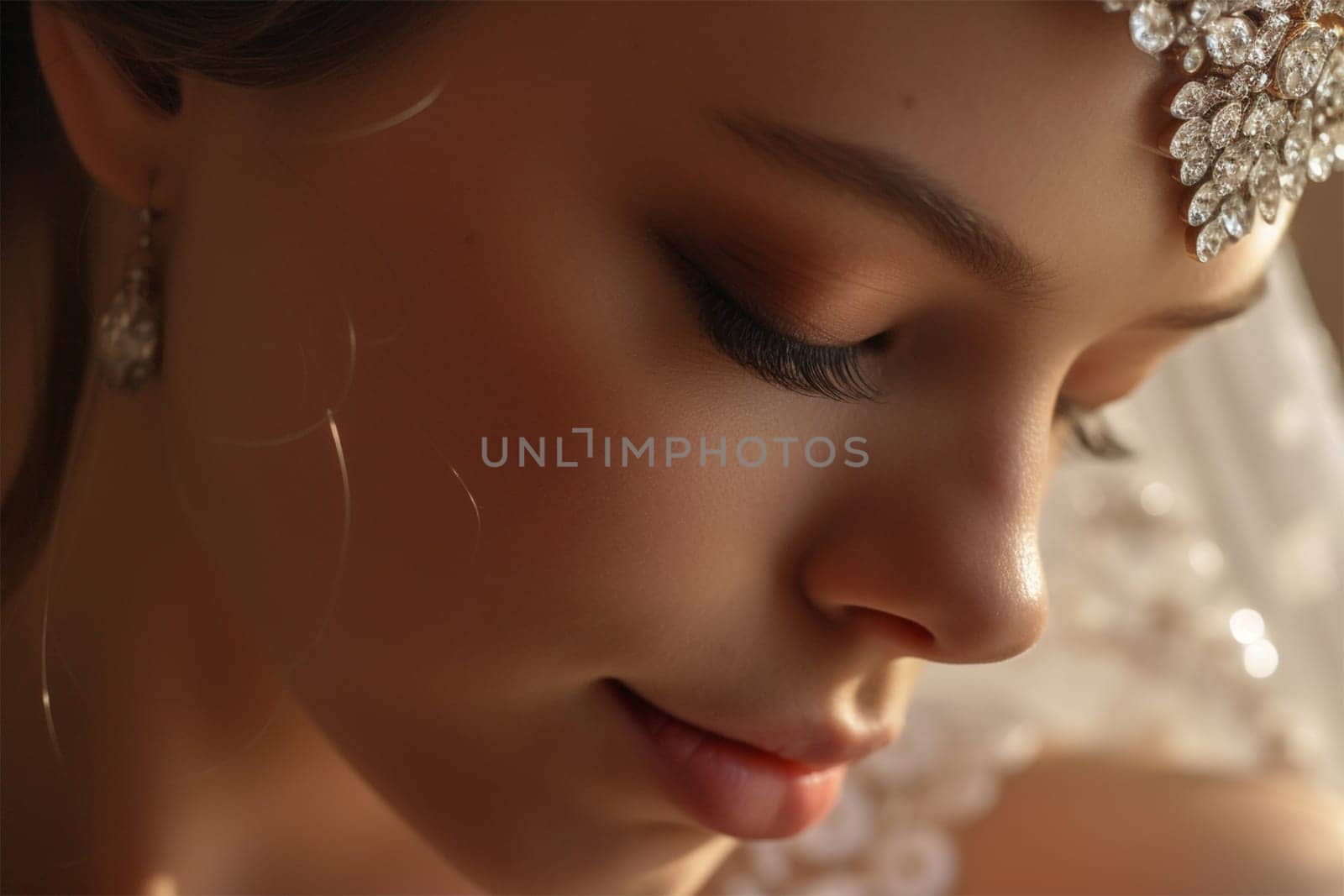 close-up of the face of a young attractive bride in a veil .
