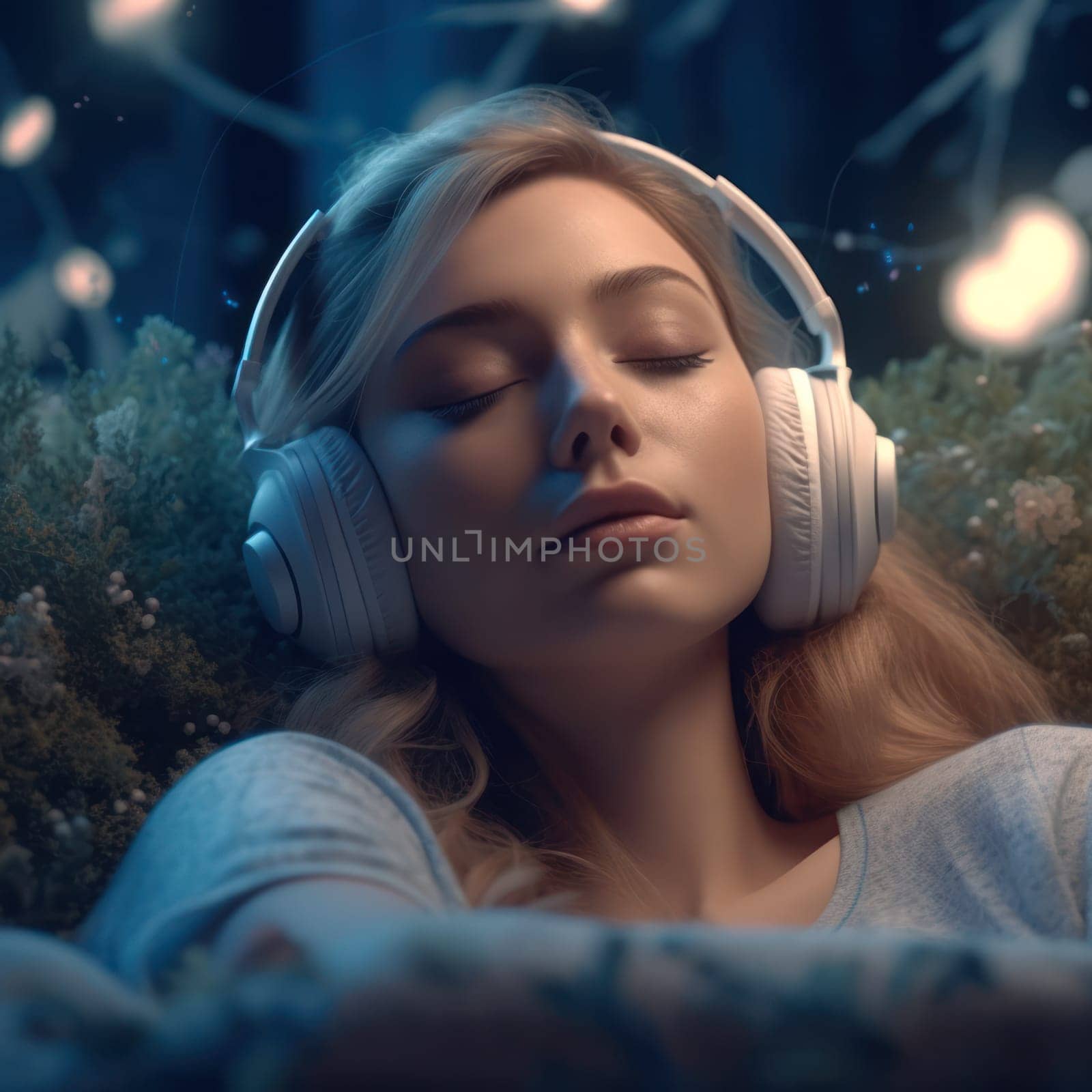 of a young girl with a happy positive smile lying in a blanket and listening to music on headphones .against the backdrop of Christmas illumination.