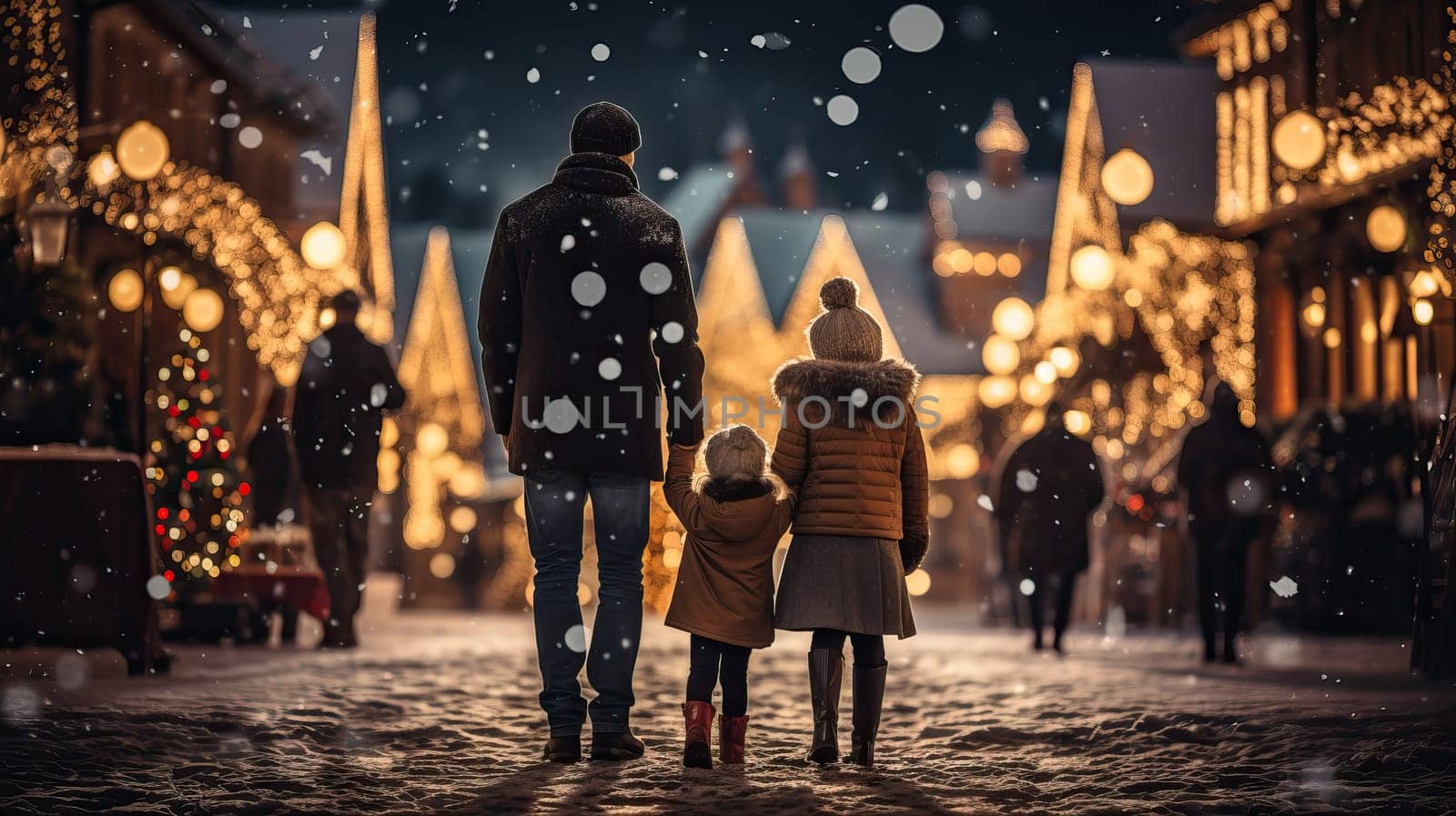 a family goes spending time at a traditional Christmas market on a winter evening. dad and children have fun in a christmas town decorated with lights.