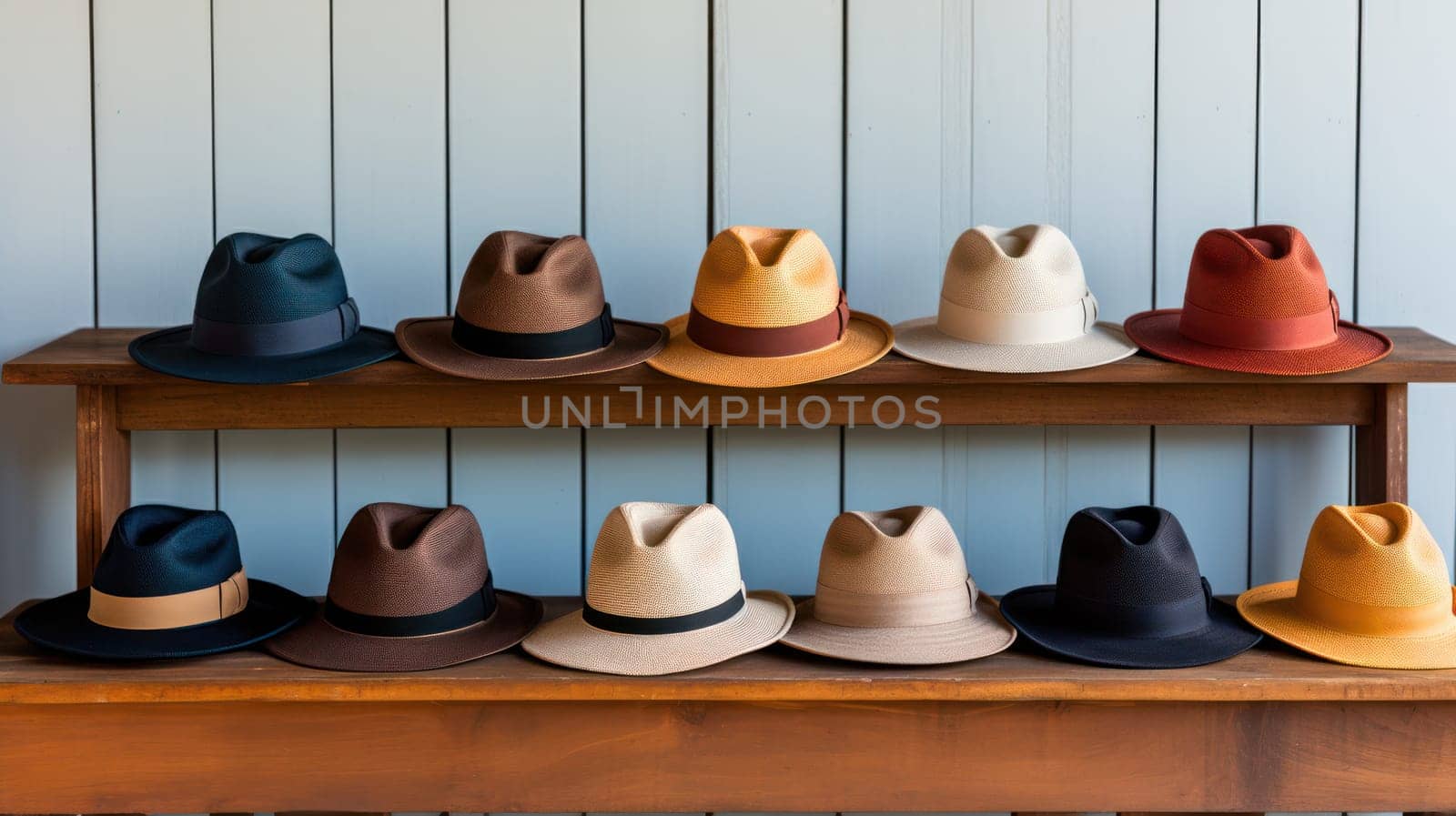 Hats in a store are stacked in rows for display.