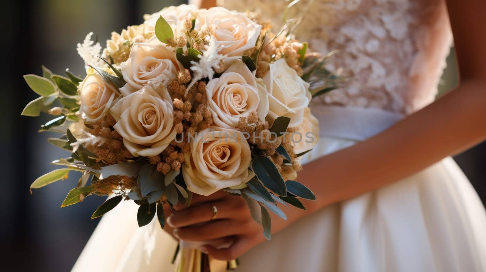 wedding bouquet in the hands of the bride at the celebration close-up