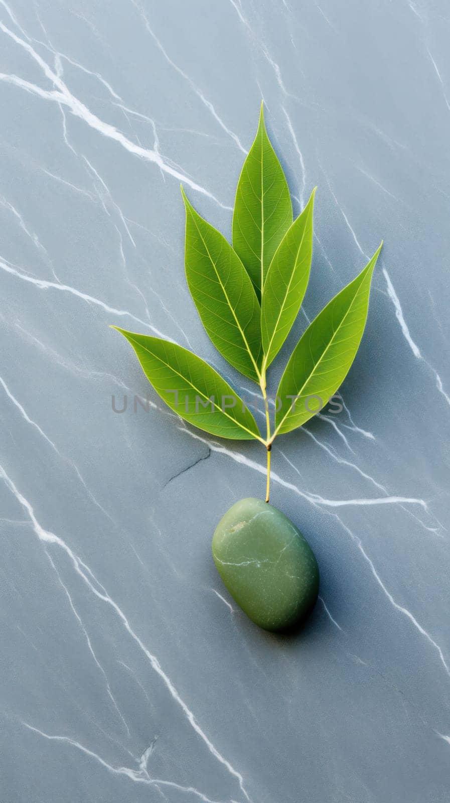 vertical background with green leaf on gray smooth stone. phone wallpaper