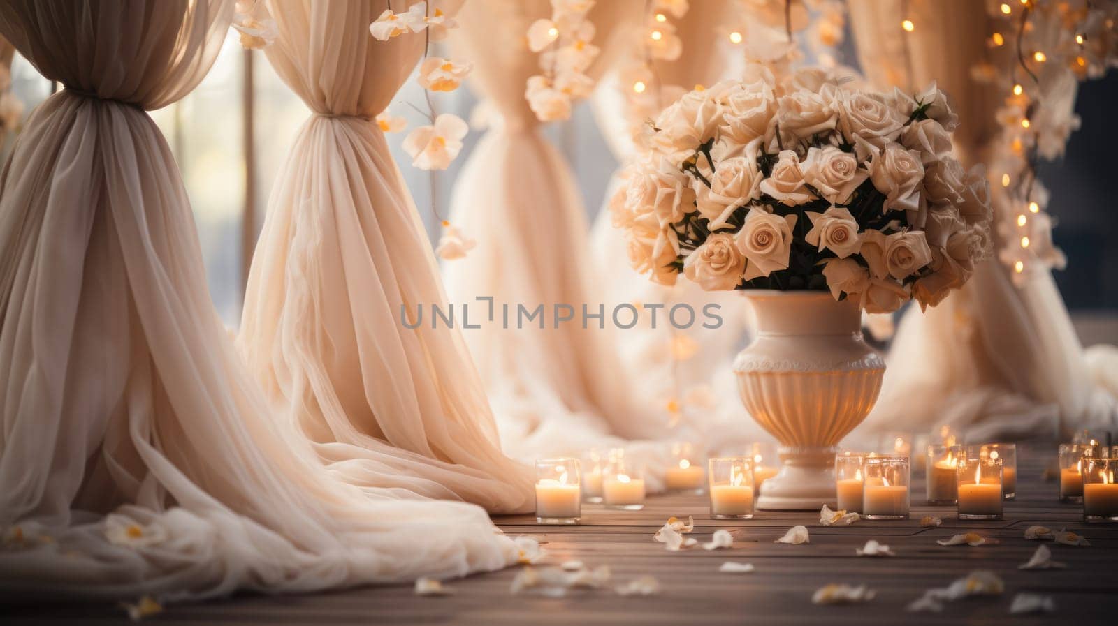 elements of drapery and accessories for decorating a wedding celebration.