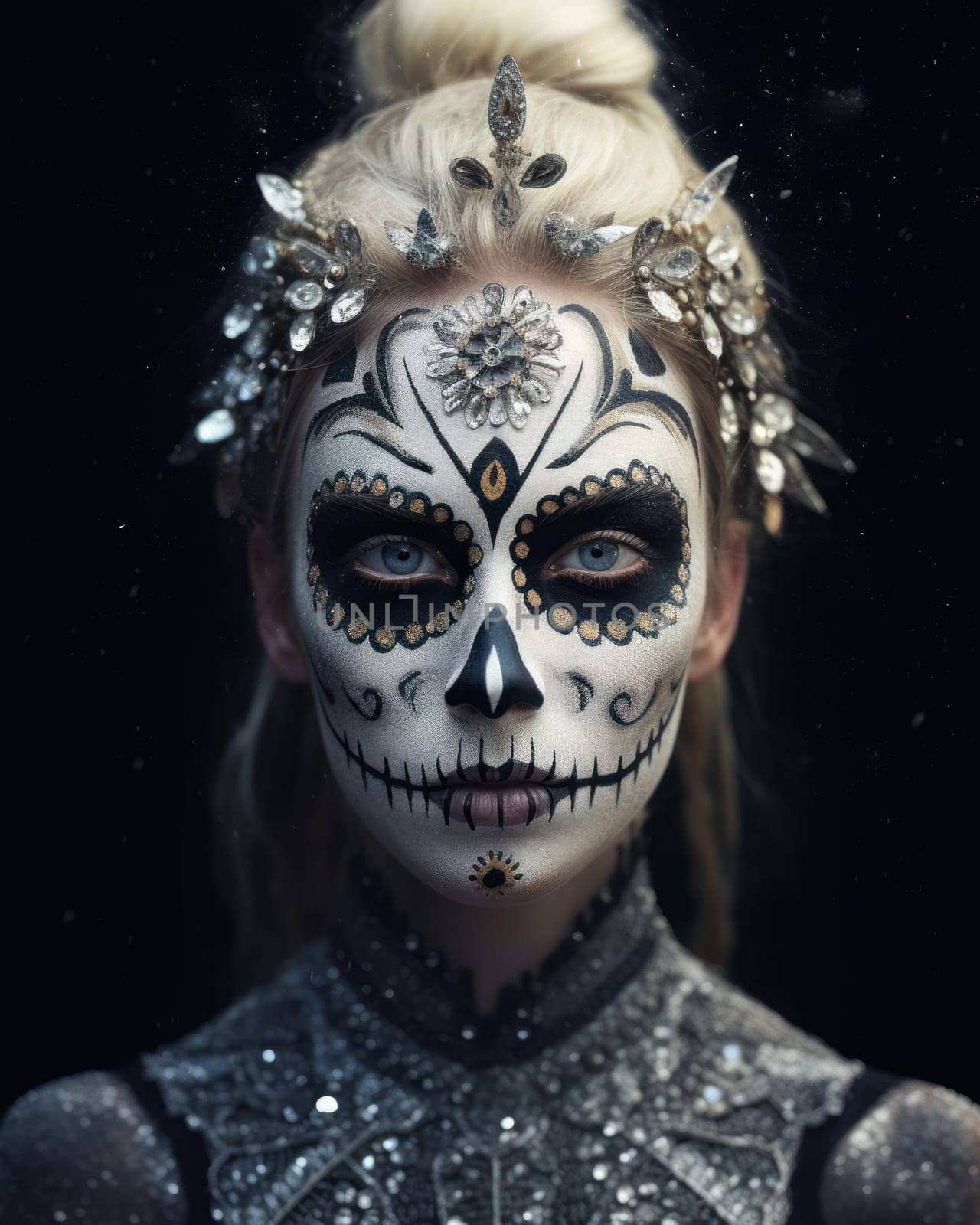 Woman with sugar skull makeup with jewelry. close-up.Dia de los muertos, mexican holiday of the dead Generative AI
