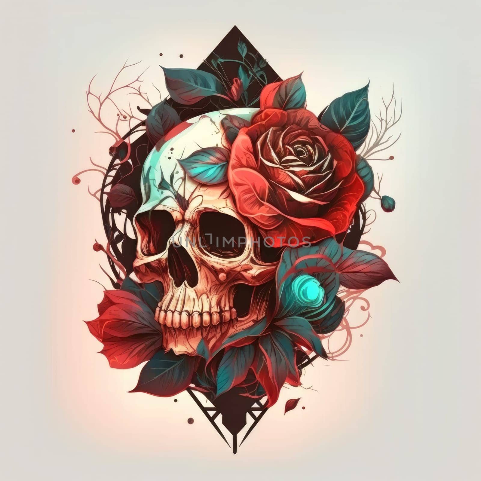 colorful sugar skull decorated with intricate floral patterns on a light background.
