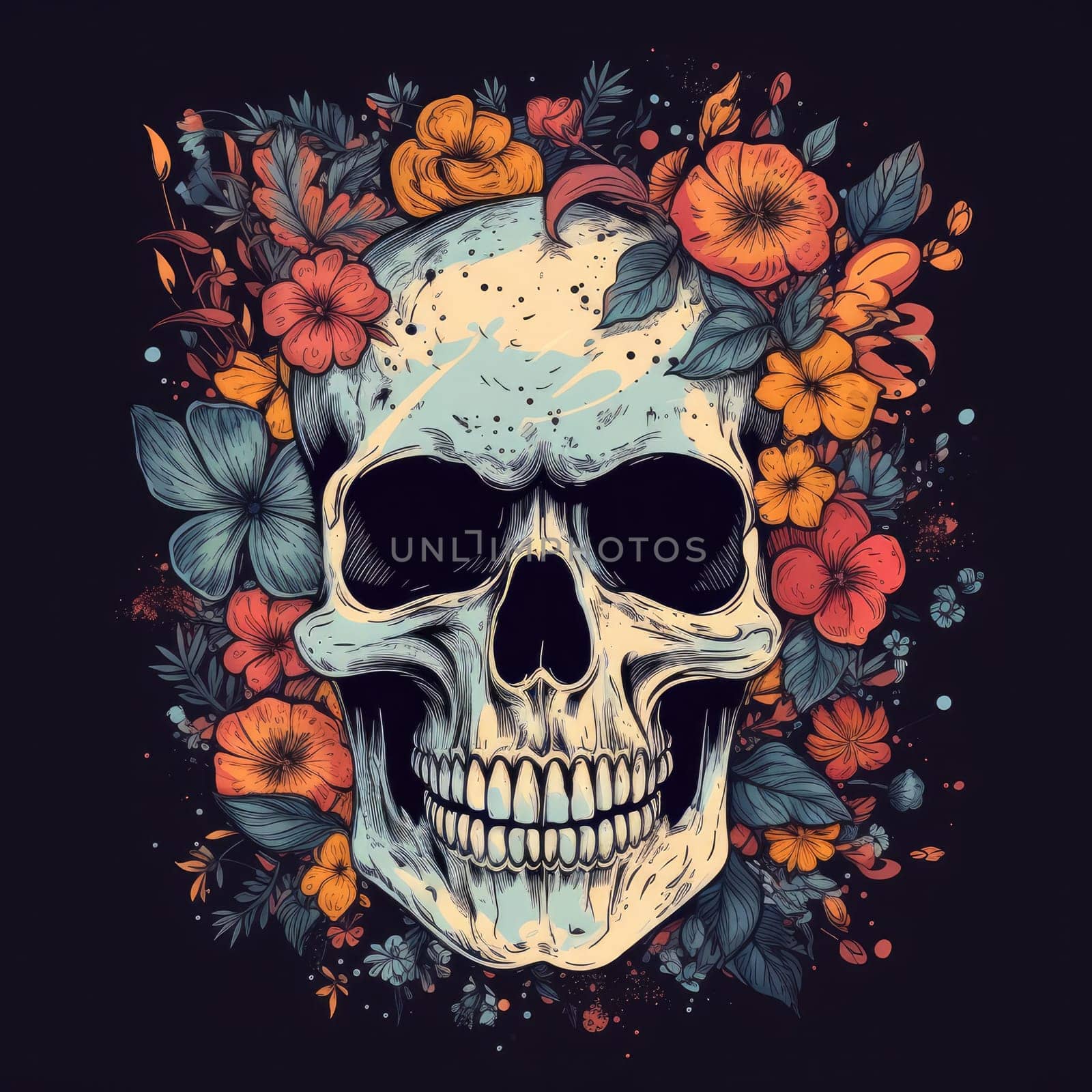 colorful sugar skull decorated with intricate floral patterns on a dark background.