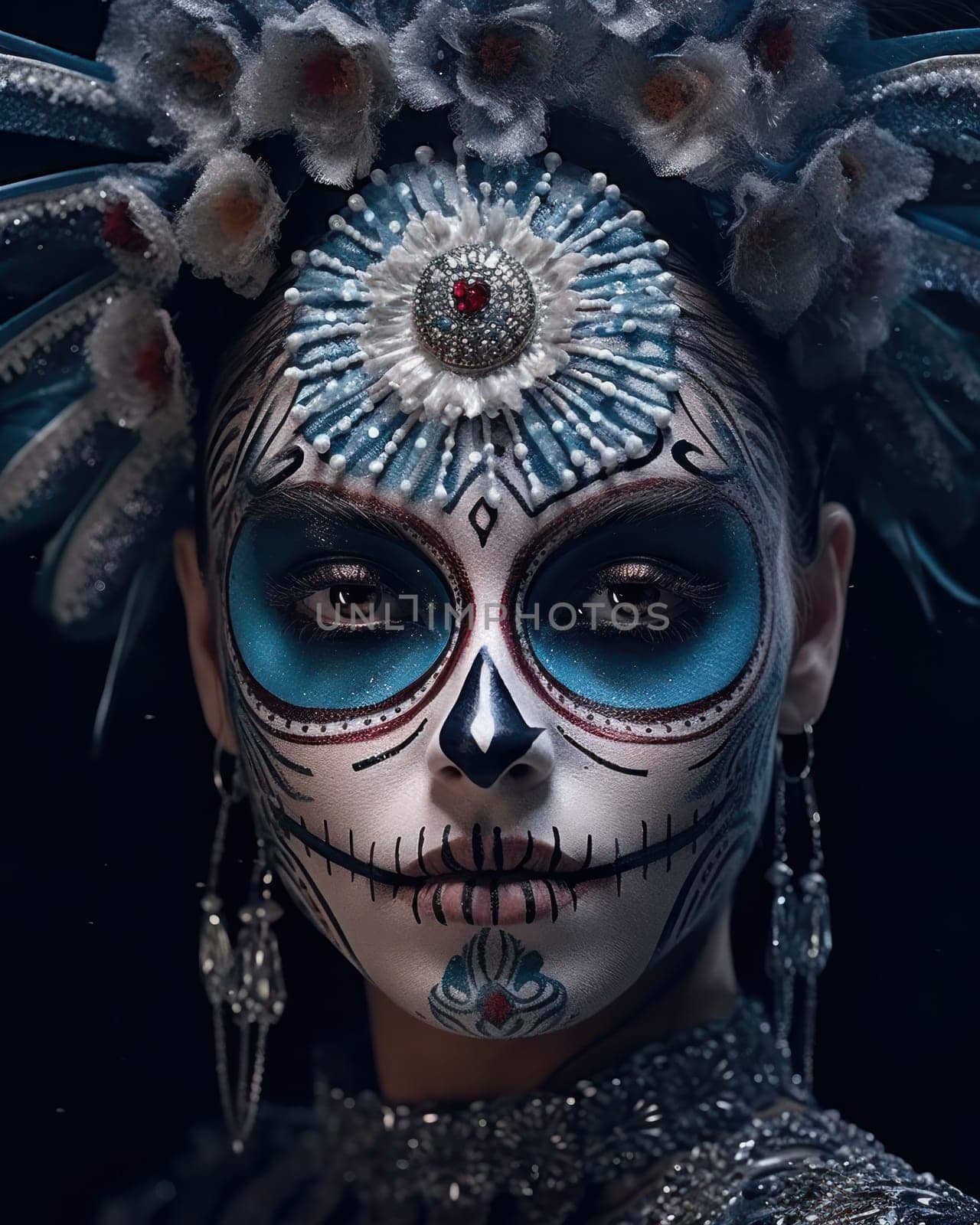 Woman with sugar skull makeup and flowers. close-up. Dia de los muertos, mexican holiday of the dead. Generative AI