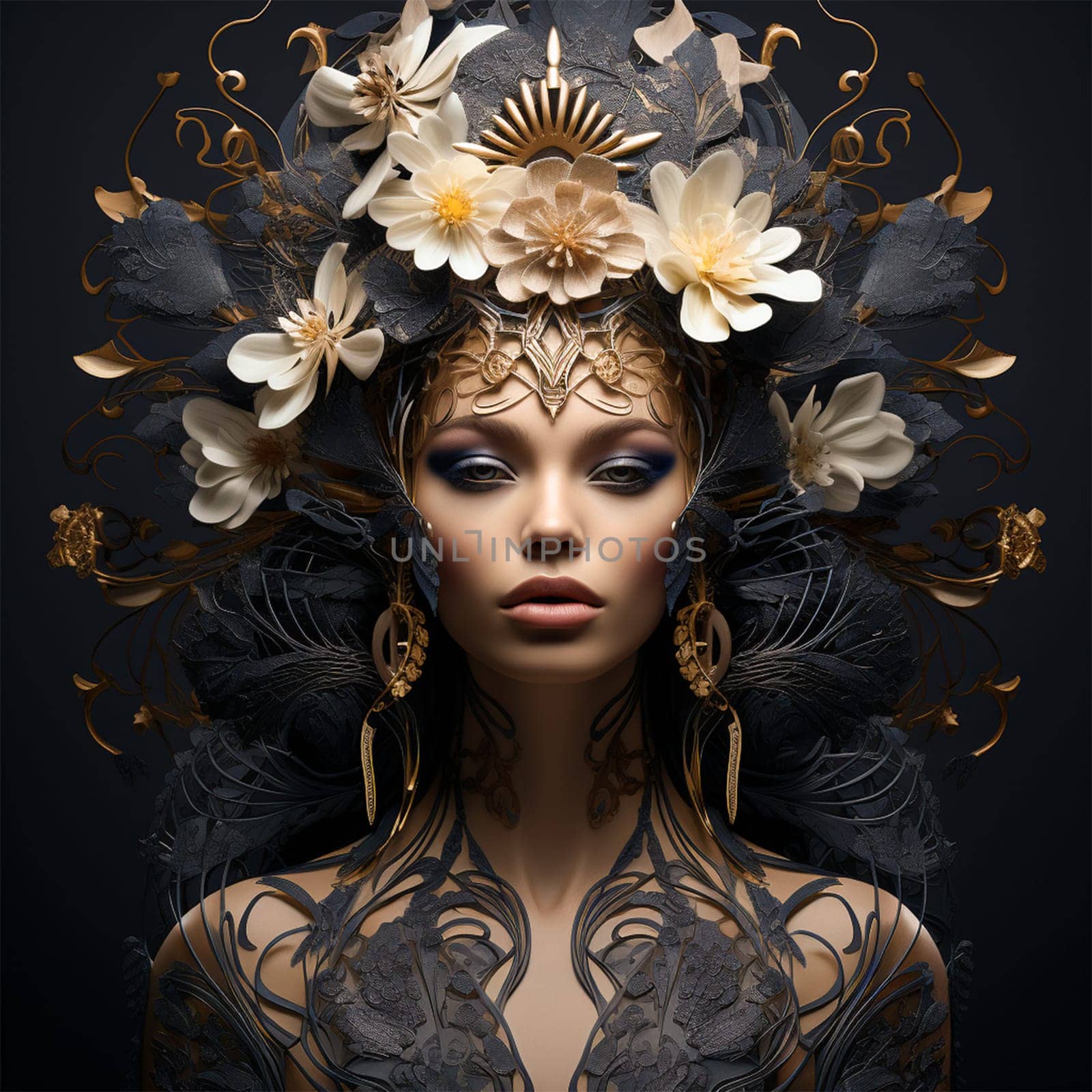 close-up portrait of a young beautiful girl with professional makeup and fine intricate handmade headdress decoration.
