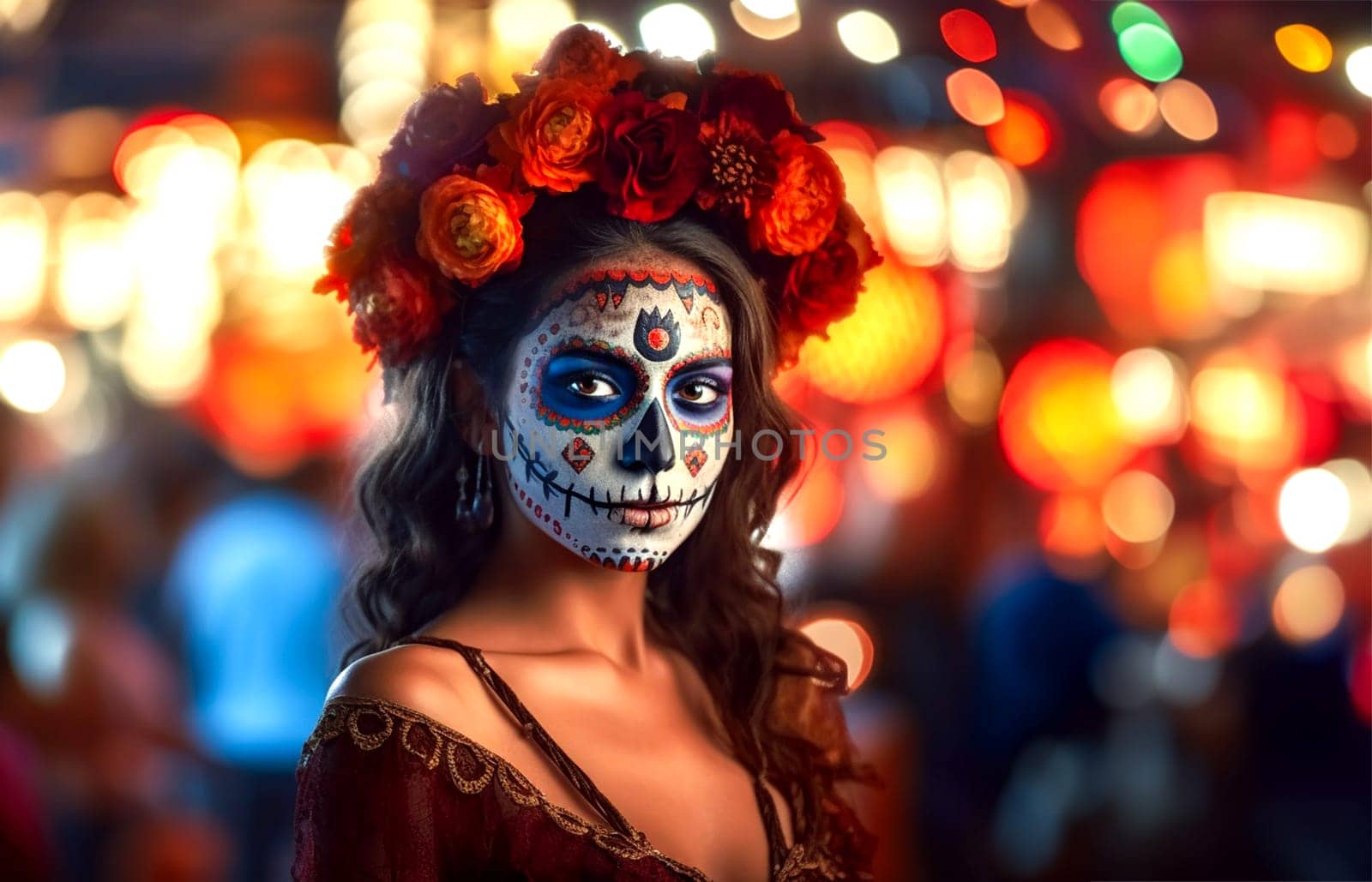 close-up young woman with make-up at the festival Day of the Dead - Dia de los Muertos - a holiday dedicated to the memory of the dead.against the backdrop of illumination.