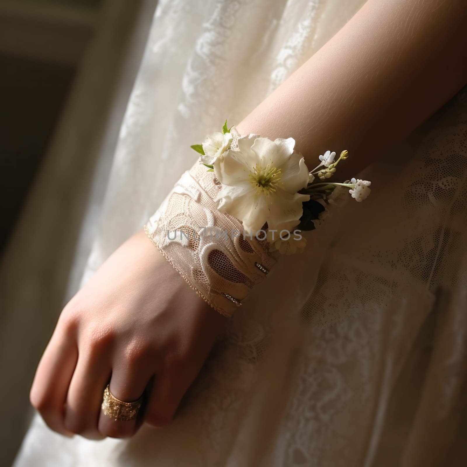 Beautiful wedding bracelet with white flowers and lace..Nice wedding bracelet on the hand